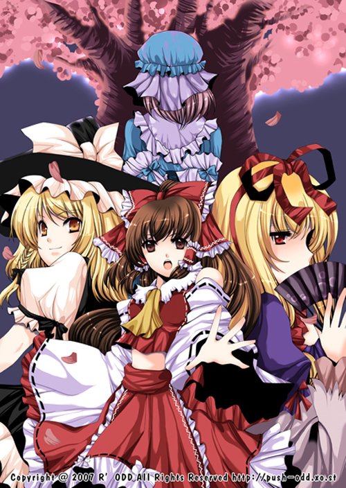 jemini, roh nam kyung, hakurei reimu, kirisame marisa, saigyouji yuyuko, yakumo yukari, touhou, bad id, bad pixiv id, 4girls, ascot, blonde hair, brown eyes, brown hair, cherry blossoms, cowboy shot, detached sleeves, female focus, folding fan, from behind, hand fan, hat, long sleeves, looking at viewer, multiple girls, navel, outdoors, plant, pleated skirt, red skirt, ribbon-trimmed sleeves, ribbon trim, skirt, tree, witch hat