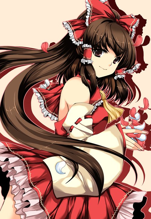 jemini, roh nam kyung, hakurei reimu, touhou, bad id, bad pixiv id, 1girl, ascot, bow, brown eyes, brown hair, detached sleeves, female focus, long hair, petals, ribbon, smile, solo, very long hair