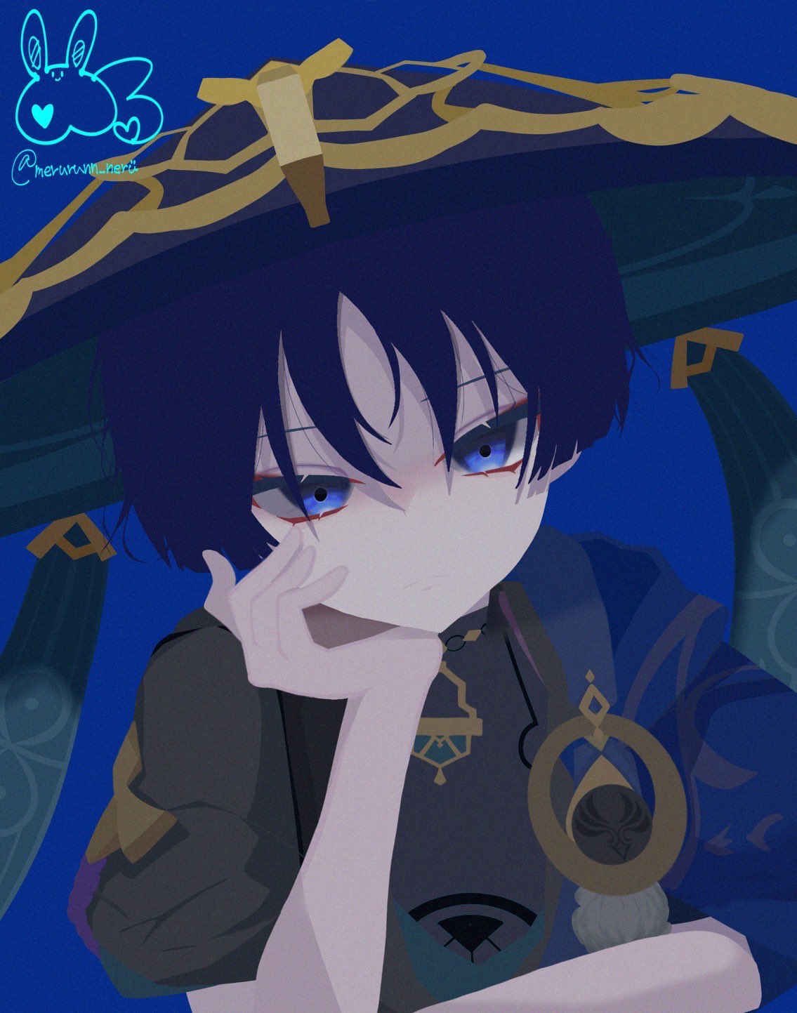 scaramouche (genshin impact), wanderer (genshin impact), genshin impact, highres, 1boy, anemo symbol (genshin impact), aqua hat, black bodysuit, black gemstone, black hat, black kimono, black sleeves, blue background, blue cape, blue eyes, blue hair, blue kimono, blunt ends, bodysuit, cape, closed mouth, dark persona, expressionless, eyelashes, eyeliner, eyeshadow, gem, gold, grey trim, hand on own face, hat, head rest, japanese clothes, jingasa, juban, kana40830, kimono, leaning to the side, looking at viewer, makeup, male focus, pom pom (clothes), red eyeliner, red eyeshadow, shoulder peek, solo, twitter username, two-sided fabric, two-sided headwear, upper body, vision (genshin impact), wispy bangs