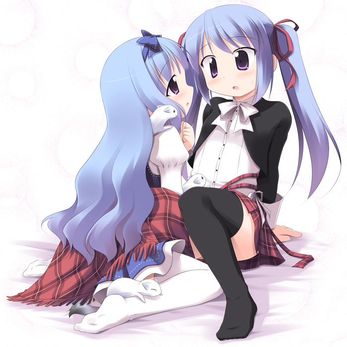 kagura yuuki, amatsuka tsurara, amatsuka watayuki, baby princess, 10s, 2girls, blue eyes, blue hair, blush, kneeling, long hair, multiple girls, purple eyes, ribbon, sitting, skirt, thighhighs, twintails, yuri