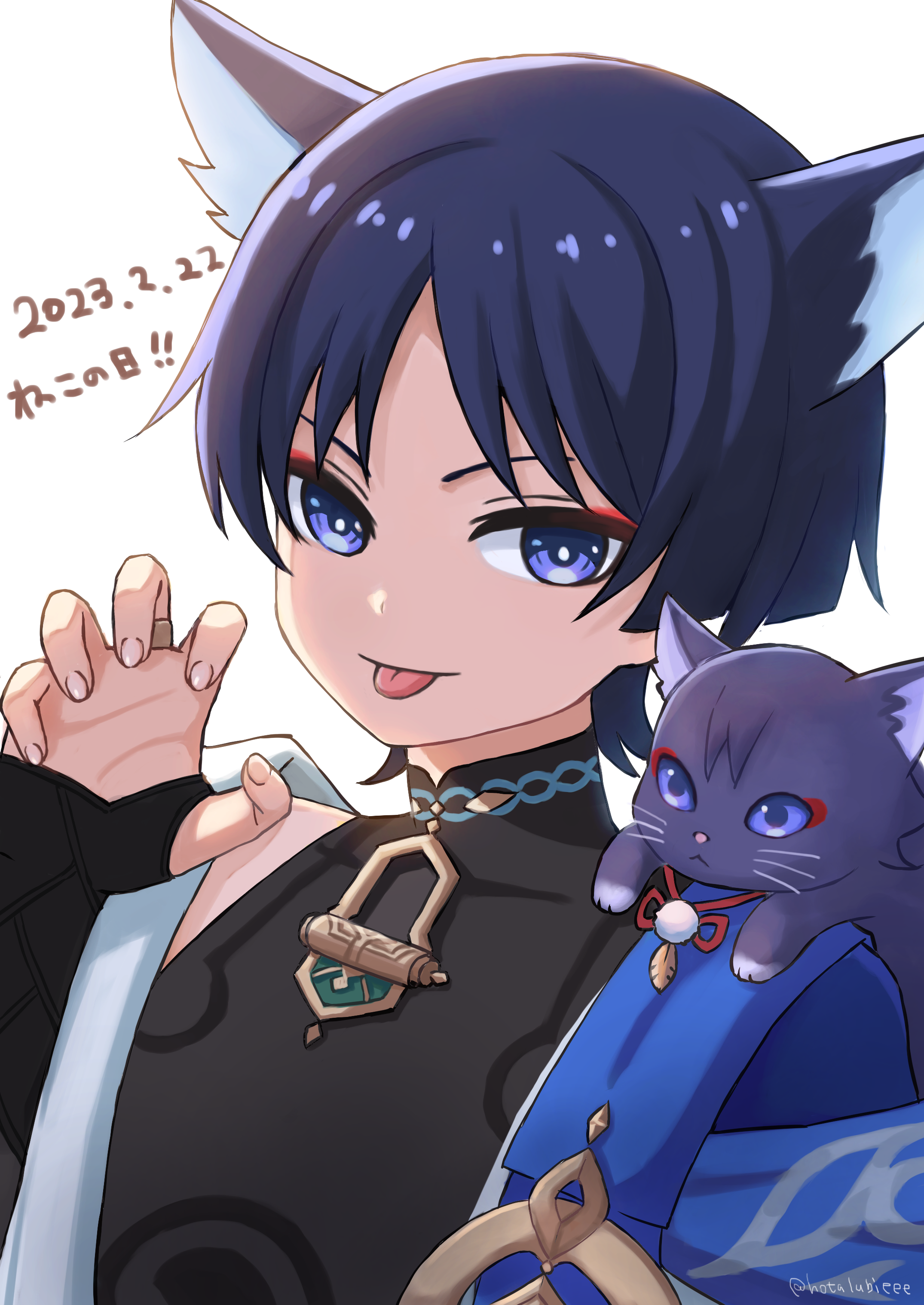 hotarubi (hotarubie), scaramouche (cat) (genshin impact), scaramouche (genshin impact), wanderer (genshin impact), genshin impact, absurdres, highres, translation request, 1boy, animal, animal ears, animal on shoulder, animalization, armor, black bodysuit, black bridal gauntlets, black hair, blue cape, blunt ends, bodysuit, bridal gauntlets, bright pupils, cape, cat, cat boy, cat ears, cat on shoulder, covered collarbone, curled fingers, dated, eyeliner, eyeshadow, feathers, fingernails, grey trim, hand up, japanese armor, japanese clothes, kimono, kote, kurokote, makeup, male focus, mandarin collar, parted bangs, paw pose, person and animalization, pom pom (clothes), portrait, purple cat, purple eyes, red eyeliner, red eyeshadow, shoulder peek, smile, string, tongue, tongue out, tsurime, twitter username, white background, white kimono, white pupils, wispy bangs, yellow feathers