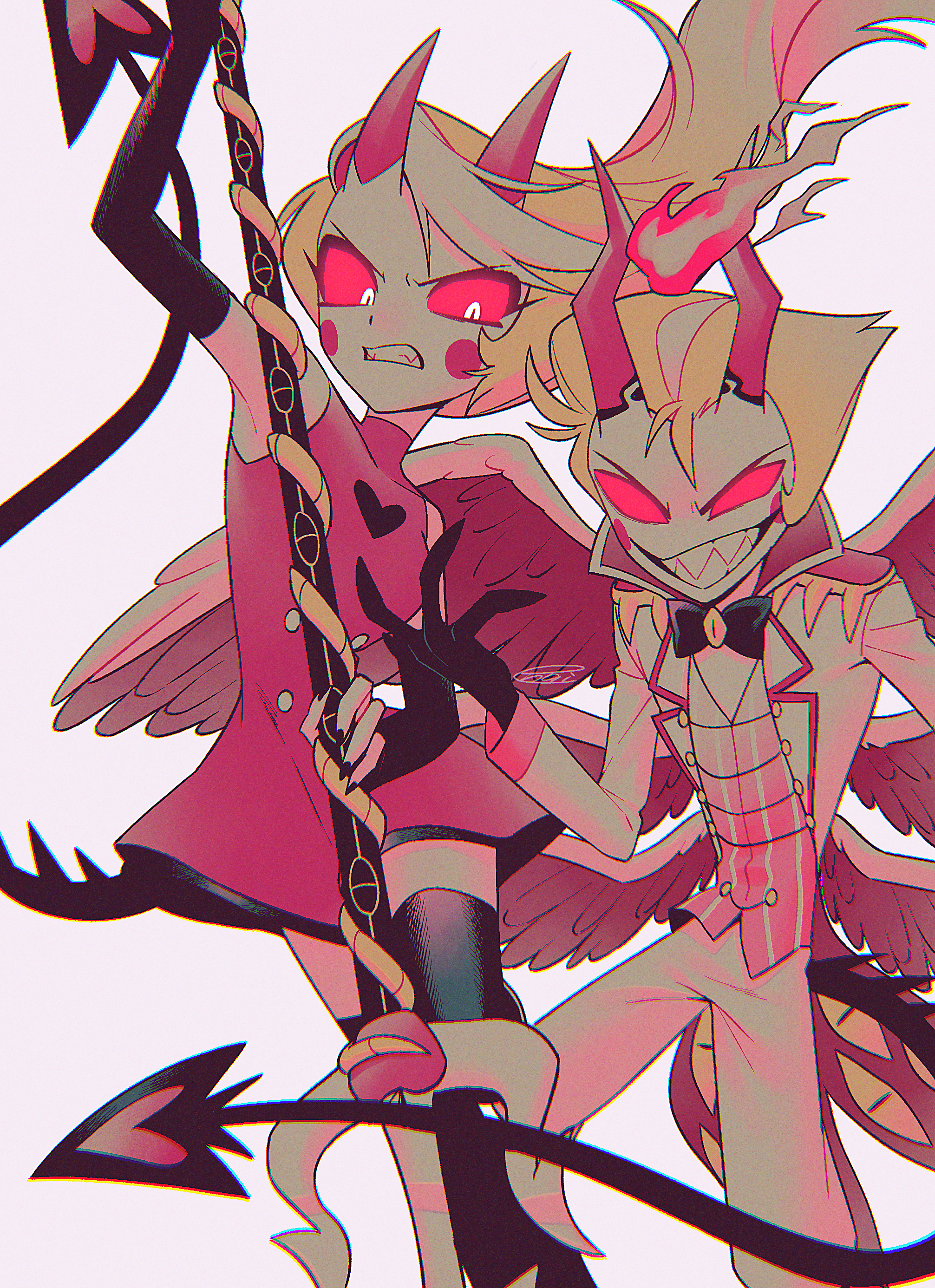 menma (enaic31), charlie morningstar, lucifer morningstar (hazbin hotel), hazbin hotel, hellaverse, absurdres, commentary request, highres, 1boy, 1girl, :d, angry, arm up, bare shoulders, black bow, black bowtie, black gloves, black tail, black thighhighs, blonde hair, bow, bowtie, buttons, chromatic aberration, circle facial mark, clenched teeth, coat, colored sclera, colored skin, demon boy, demon girl, demon horns, demon tail, double-breasted, dress, elbow gloves, father and daughter, feathered wings, feet out of frame, fewer digits, film grain, floating hair, gloves, glowing, glowing eyes, grin, hatching (texture), heart, heart print, holding, holding staff, horns, lapels, long hair, long sleeves, looking at viewer, looking down, multiple wings, notched lapels, official alternate costume, open clothes, open coat, open mouth, pants, puffy pants, red dress, red horns, red sclera, red trim, red vest, red wings, sharp teeth, short dress, short hair, signature, simple background, sleeveless, sleeveless dress, sleeveless turtleneck, smile, staff, striped clothes, striped vest, swept bangs, tail, teeth, thighhighs, traditional bowtie, turtleneck, turtleneck dress, two-tone wings, v-shaped eyebrows, vertical-striped clothes, vertical-striped vest, very long hair, vest, white background, white coat, white pants, white skin, white wings, wings, zettai ryouiki