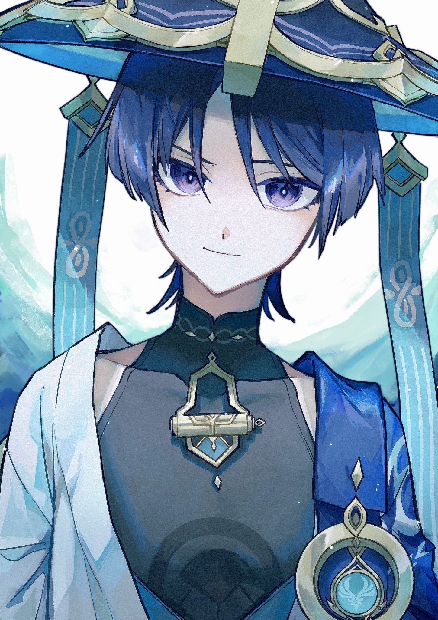 nogi (nokisaki), scaramouche (genshin impact), wanderer (genshin impact), genshin impact, highres, 1boy, anemo symbol (genshin impact), black bodysuit, blue cape, blue gemstone, blue hat, blue kimono, blunt ends, bodysuit, bright pupils, cape, closed mouth, covered collarbone, eyelashes, eyeliner, eyeshadow, gem, gold, hair between eyes, hat, head tilt, japanese clothes, jingasa, juban, kimono, looking at viewer, makeup, male focus, mandarin collar, open clothes, open kimono, purple eyes, red eyeliner, red eyeshadow, shoulder peek, smile, solo, straight-on, upper body, vision (genshin impact), white kimono, white pupils, white sleeves, white trim, wispy bangs