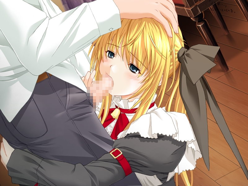nekonyan, katori rea, parfait chocolat second brew, game cg, 1girl, blonde hair, blush, censored, cum, fellatio, hair ribbon, hand on another's head, long hair, maid, mosaic censoring, oral, penis, ribbon, solo focus, twintails
