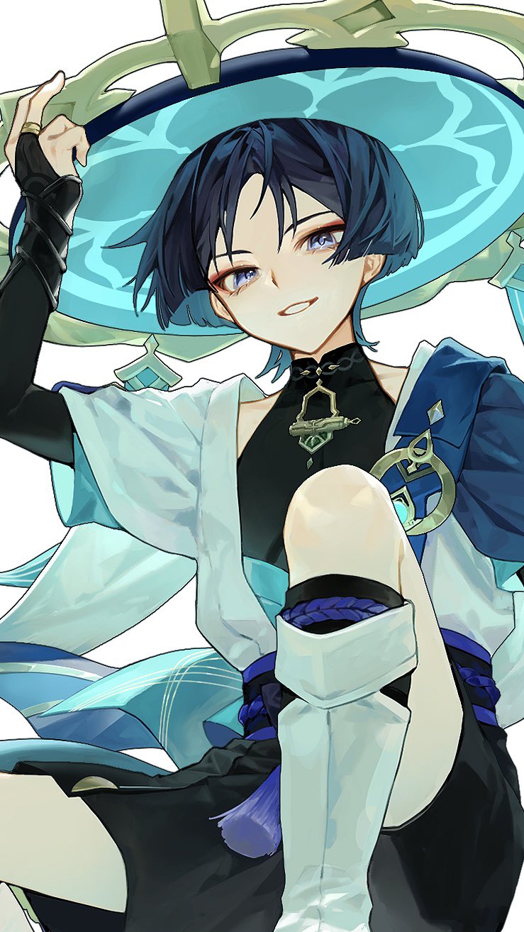 nogi (nokisaki), scaramouche (genshin impact), wanderer (genshin impact), genshin impact, highres, 1boy, armor, belt, black belt, black bodysuit, black bow, black bridal gauntlets, black hair, black shorts, blue cape, blue gemstone, blue hair, blue hat, blue kimono, blue sleeves, blunt ends, bodysuit, bow, bridal gauntlets, cape, colored inner hair, covered collarbone, eyelashes, eyeliner, eyeshadow, gem, gold, gold ring, hakama, hakama shorts, hand up, hat, japanese armor, japanese clothes, jingasa, juban, kimono, knee up, kote, kurokote, layered sleeves, leg warmers, looking at viewer, makeup, male focus, mandarin collar, middle ring, multicolored hair, open clothes, open kimono, open mouth, pleated shorts, purple eyes, purple rope, purple sash, red eyeliner, red eyeshadow, rope, sash, short sleeves, shorts, shoulder peek, sitting, smile, solo, tsurime, white background, white kimono, white leg warmers, white mouth, white sleeves, wispy bangs