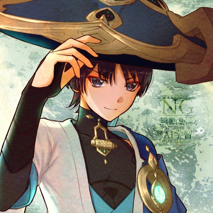 morinaga miru, scaramouche (genshin impact), wanderer (genshin impact), genshin impact, 1boy, animal print, armor, black bodysuit, black bridal gauntlets, black hair, blue cape, blue gemstone, blue hat, blue kimono, blue sleeves, blunt ends, bodysuit, bridal gauntlets, bright pupils, cape, cat print, closed mouth, covered collarbone, gem, glowing gem, gold, hand up, hat, japanese armor, japanese clothes, jingasa, juban, kimono, kote, kurokote, layered sleeves, looking at viewer, male focus, middle ring, open clothes, open kimono, outdoors, portrait, purple eyes, short sleeves, shoulder peek, smile, solo, tsurime, turtleneck, turtleneck bodysuit, v-shaped eyebrows, watermark, white kimono, white pupils, white sleeves