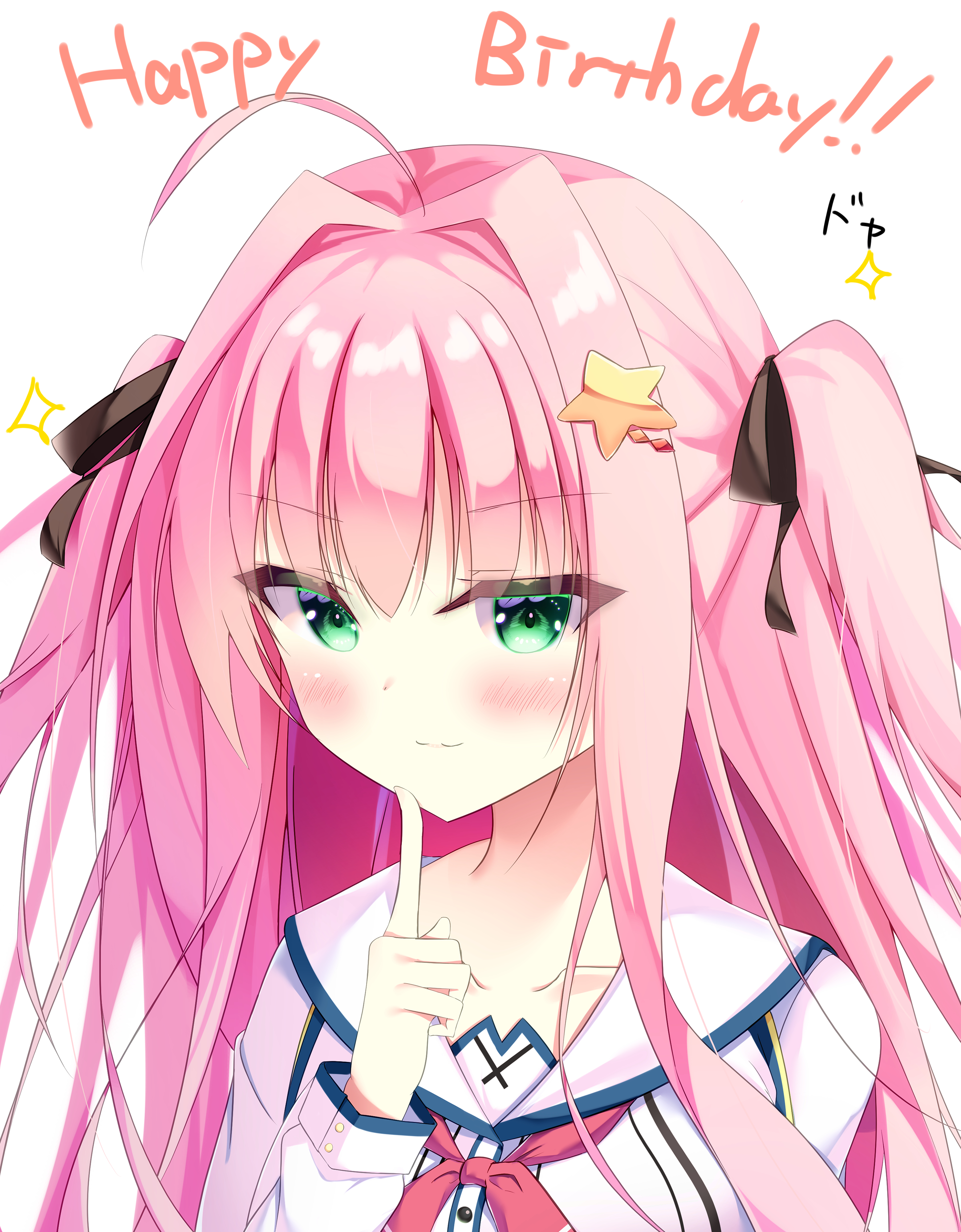 takkyan, yato kukuru, select oblige, absurdres, commentary request, highres, >:), 1girl, ahoge, black ribbon, blush, closed mouth, collarbone, doyagao, eyes visible through hair, finger to own chin, green eyes, hair between eyes, hair intakes, hair ornament, hair ribbon, hand up, happy birthday, index finger raised, long hair, long sleeves, looking at viewer, neckerchief, pink hair, pink neckerchief, ribbon, sailor collar, school uniform, serafuku, shirt, sidelocks, simple background, smile, smug, solo, sparkle, star (symbol), star hair ornament, two side up, upper body, v-shaped eyebrows, white background, white sailor collar, white shirt