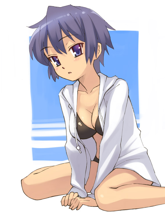 oryo (oryo04), original, tagme, bikini, black bikini, purple eyes, purple hair, sitting, solo, swimsuit