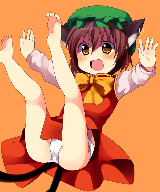 subaru (yachika), chen, touhou, 1girl, animal ears, barefoot, brown hair, cat ears, cat girl, cat tail, earrings, fang, female focus, happy, hat, jewelry, multiple tails, orange eyes, panties, short hair, solo, tail, underwear, upskirt, white panties
