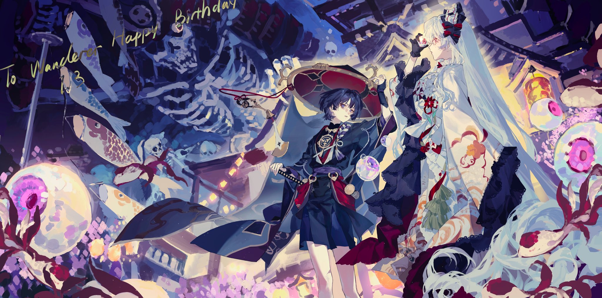 scaramouche (genshin impact), genshin impact, original, artist request, commission, highres, second-party source, 1boy, 1girl, absurdly long hair, architecture, arm at side, armor, black bodysuit, black gloves, black hair, black hairband, black headdress, black kimono, black shorts, black sleeves, blunt ends, bodysuit, collar, commissioner insert, couple, demon parade, east asian architecture, eyeball, eyeliner, eyeshadow, fish, frilled collar, frilled gloves, frills, furisode, glint, gloves, gold, gold trim, grey veil, hairband, hand up, happy birthday, hat, hayami momo (hayamimomo), helmet, hetero, holding, holding eyeball, holding sword, holding weapon, japanese armor, japanese clothes, jewelry, jingasa, juban, kabuto (helmet), katana, kimono, kote, kurokote, lace-trimmed sleeves, lace trim, layered shorts, layered sleeves, lolita hairband, long hair, looking at viewer, makeup, mandarin collar, mitsudomoe (shape), mole, mole under eye, neck ring, night, o-ring, oc x canon, open clothes, open kimono, parted lips, pink eyes, purple eyes, purple rope, purple sash, purple sleeves, red eyeliner, red eyeshadow, red hat, red kimono, red sash, rope, sash, sheath, sheathed, shimenawa, shorts, shoulder armor, skeleton, sleeves past fingers, sleeves past wrists, sode, standing, sword, tassel, tomoe (symbol), traditional youkai, veil, very long hair, weapon, white hair, white kimono, white rope, wide sleeves, wispy bangs