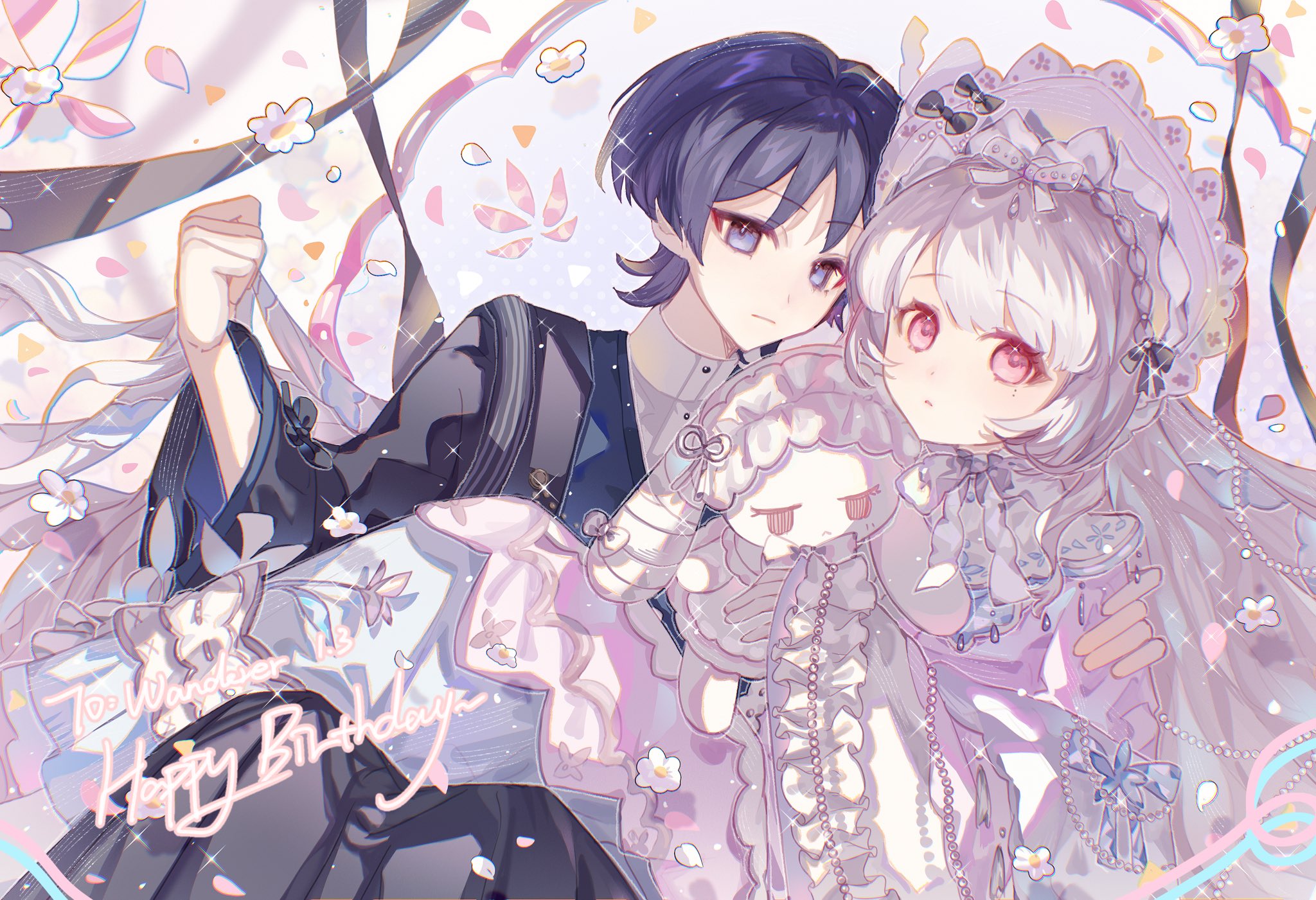 scaramouche (genshin impact), genshin impact, original, artist request, commission, highres, second-party source, 1boy, 1girl, alternate costume, black bow, black hakama, black haori, black pants, black sleeves, blue bow, blue dress, blue kimono, blunt bangs, blunt ends, bow, bowtie, braid, carrying, clenched hand, closed mouth, collar, commissioner insert, couple, crown braid, dress, eyelashes, eyeliner, eyeshadow, falling flower, falling petals, flower, frilled sleeves, frills, grey hair, hair bow, hakama, hand on another's shoulder, hand up, haori, happy birthday, hayami momo (hayamimomo), heads together, hetero, holding, holding stuffed toy, japanese clothes, kimono, layered dress, long hair, long sleeves, looking at viewer, makeup, mole, mole under eye, oc x canon, pants, parted lips, petals, pink dress, pink eyes, pink flower, pink headdress, pink petals, pink sleeves, pleated pants, princess carry, purple eyes, rabbit, red eyeliner, red eyeshadow, shirt, sleeve bow, sparkle, stuffed animal, stuffed toy, swept bangs, tareme, tsurime, turtleneck, turtleneck shirt, undershirt, white bow, white bowtie, white collar, white flower, white hair, white petals, white shirt, wide sleeves, wispy bangs