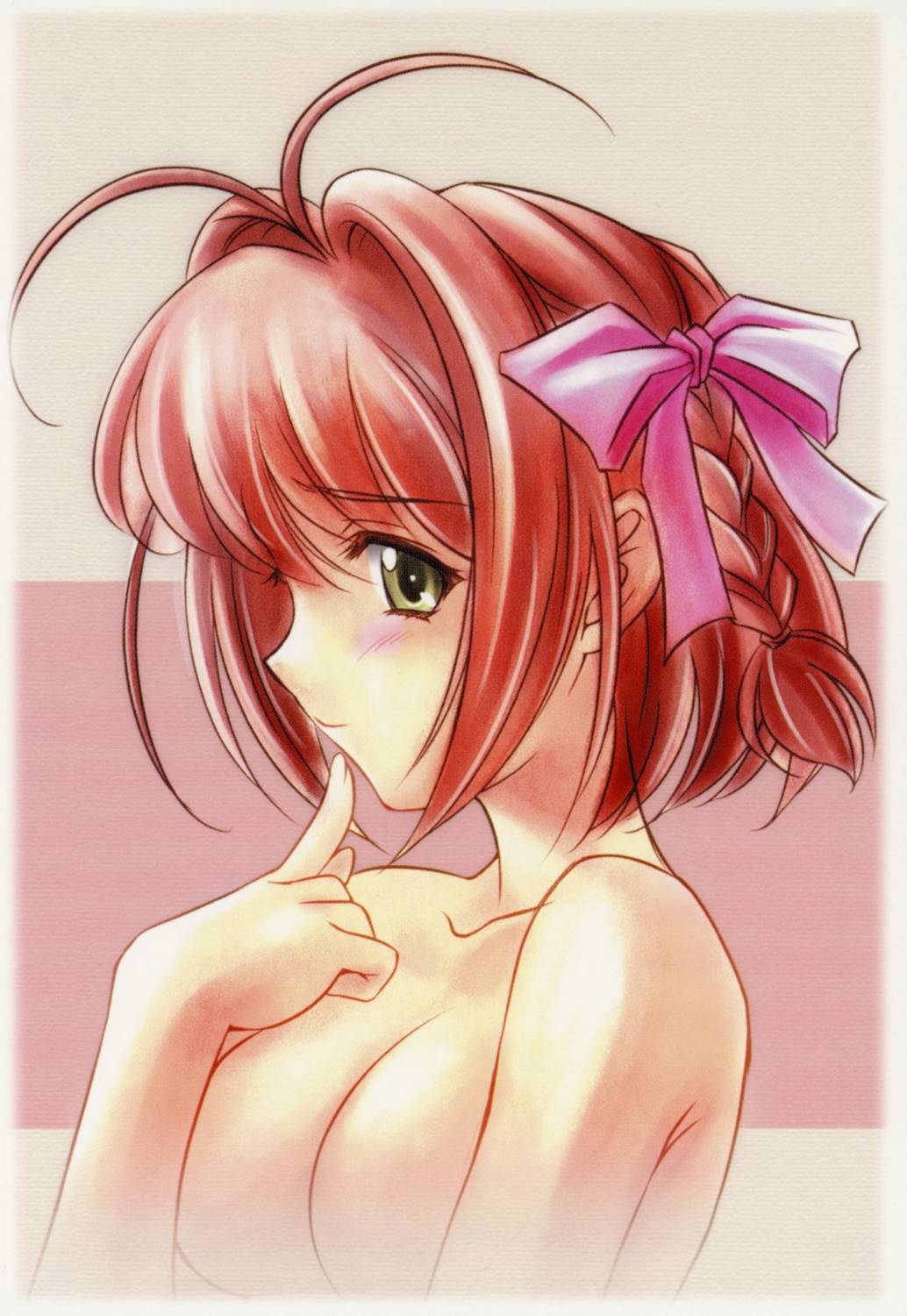 suzumiya haruka, kimi ga nozomu eien, highres, scan, 00s, 1girl, antenna hair, blush, braid, breasts, female focus, hair ribbon, large breasts, nude, pink hair, ribbon, short hair, solo