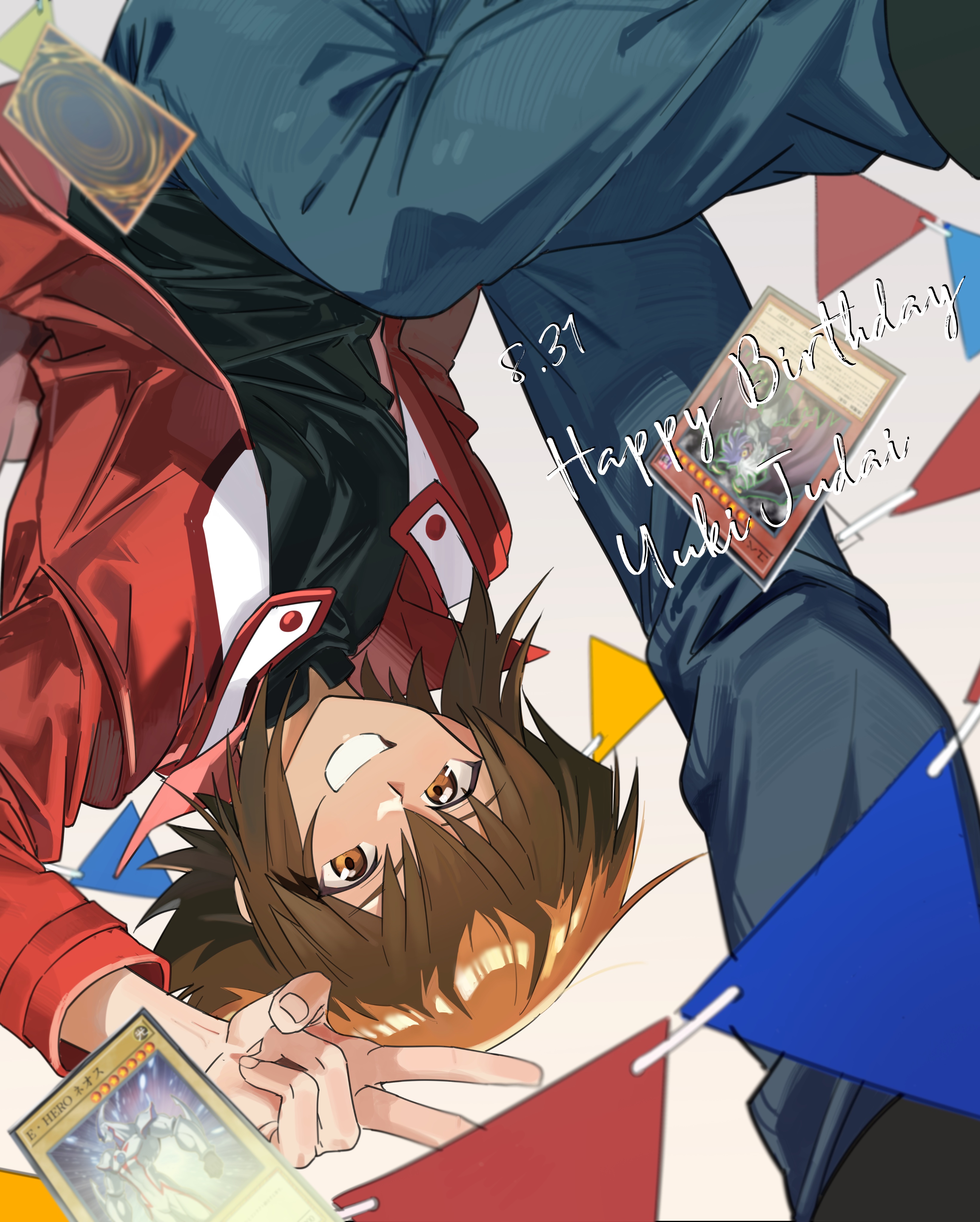 elemental hero neos, yubel, yuki judai, yu-gi-oh!, yu-gi-oh! gx, absurdres, highres, 1boy, black shirt, brown eyes, brown hair, collared jacket, denim, duel academy uniform (yu-gi-oh! gx), happy birthday, jacket, jeans, male focus, pants, popped collar, red jacket, shirt, sidelocks, smile, spiked hair, trading card, v, wadochan11