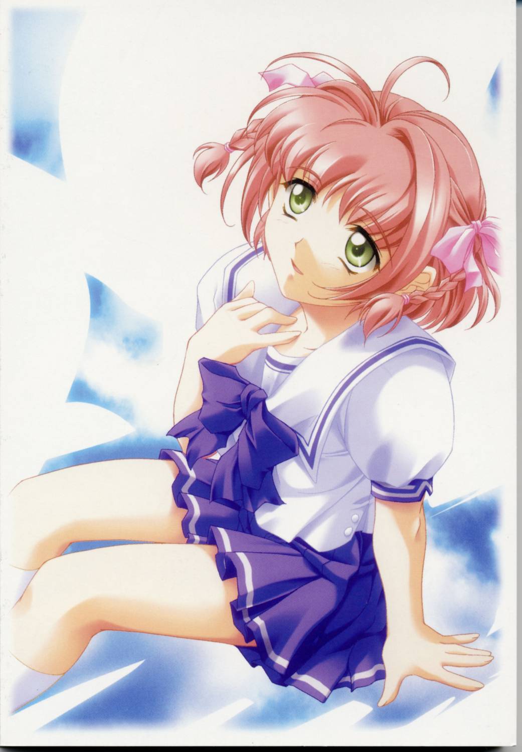 suzumiya haruka, kimi ga nozomu eien, highres, scan, 00s, antenna hair, braid, green eyes, hair ribbon, ribbon, school uniform, serafuku, solo, twin braids