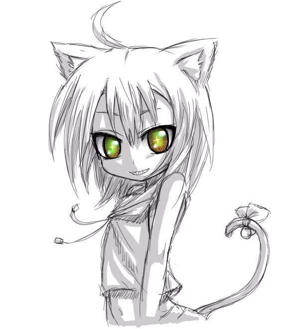 alexi (tits!), + +, 1girl, animal ears, cat ears, cat tail, female focus, midriff, monochrome, sharp teeth, sketch, smile, solo, spot color, tail, teeth, yellow eyes