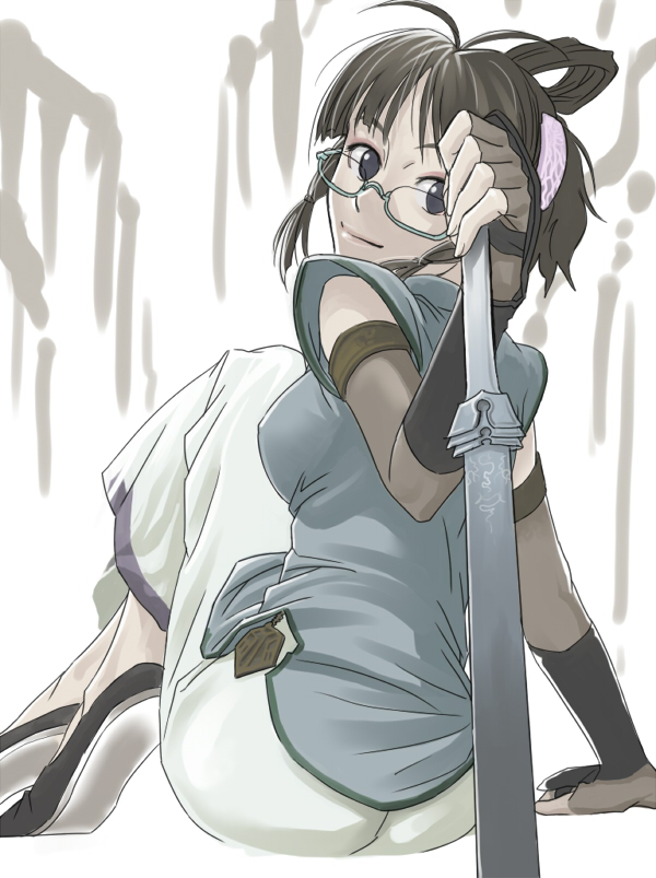 inu (aerodog), akizuki ritsuko, idolmaster, idolmaster (classic), idolmaster 1, 00s, 1girl, antenna hair, arm guards, arm support, black eyes, black shoes, breasts, brown gloves, closed mouth, female focus, fingerless gloves, fingernails, glasses, gloves, hair rings, holding, holding sword, holding weapon, knees up, looking at viewer, medium breasts, no pupils, pants, ponytail, semi-rimless eyewear, shoes, short ponytail, sidelocks, sitting, sleeveless, smile, solo, sword, under-rim eyewear, weapon, white pants