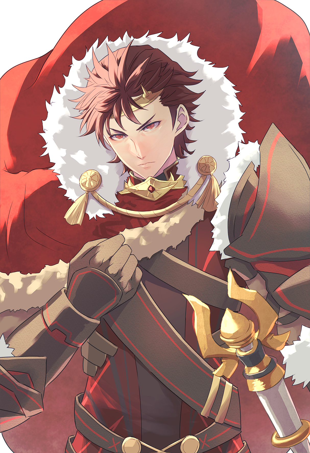 riou (pooh920), diamant (fire emblem), diamant (fortified king) (fire emblem), fire emblem, fire emblem engage, fire emblem heroes, nintendo, highres, 1boy, cape, fur-trimmed cape, fur trim, looking at viewer, male focus, official alternate costume, red cape, red eyes, red hair, solo