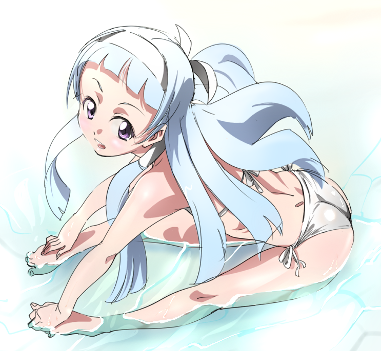 p.k., nagi, kannagi, bad id, bad pixiv id, 00s, barefoot, bikini, blue eyes, blue hair, blunt bangs, hairband, long hair, purple eyes, side-tie bikini bottom, solo, swimsuit