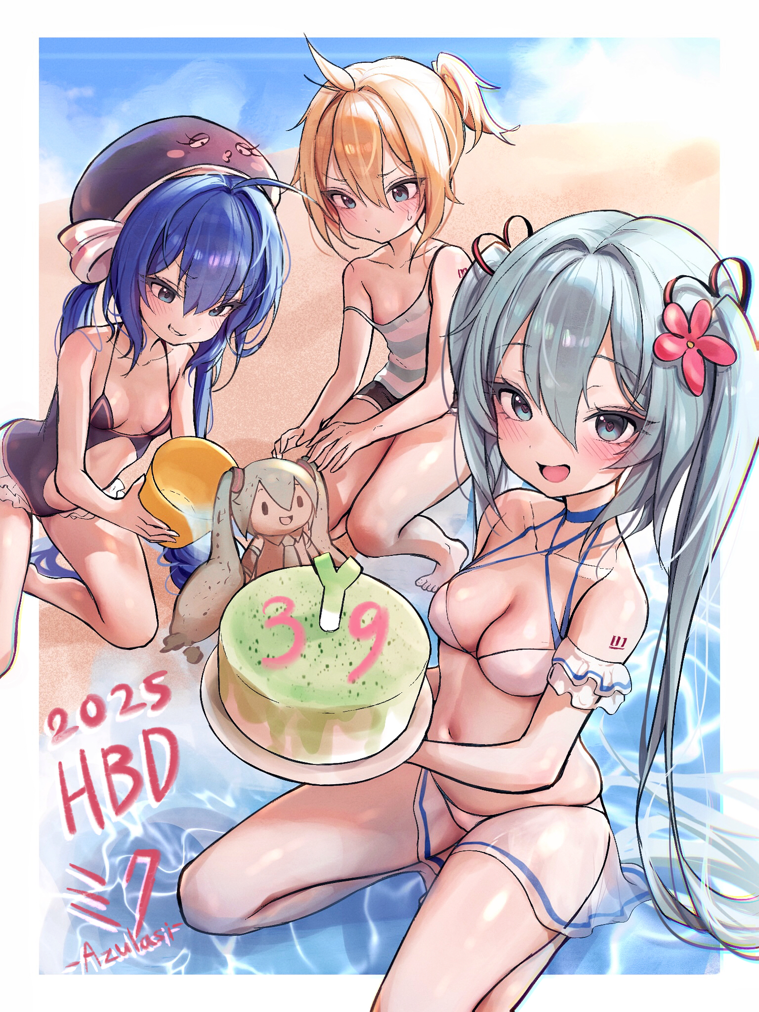 azulasi, hatsune miku, kagamine len, otomachi una, vocaloid, commentary, highres, 1boy, 2girls, 39, androgynous, beach, bikini, blonde hair, blue eyes, blue hair, breasts, building sand sculpture, cleavage, flower, food, grin, hair ornament, happy birthday, long hair, looking at viewer, medium breasts, multiple girls, sand sculpture, small breasts, smile, spring onion, swimsuit, trap, twintails, very long hair