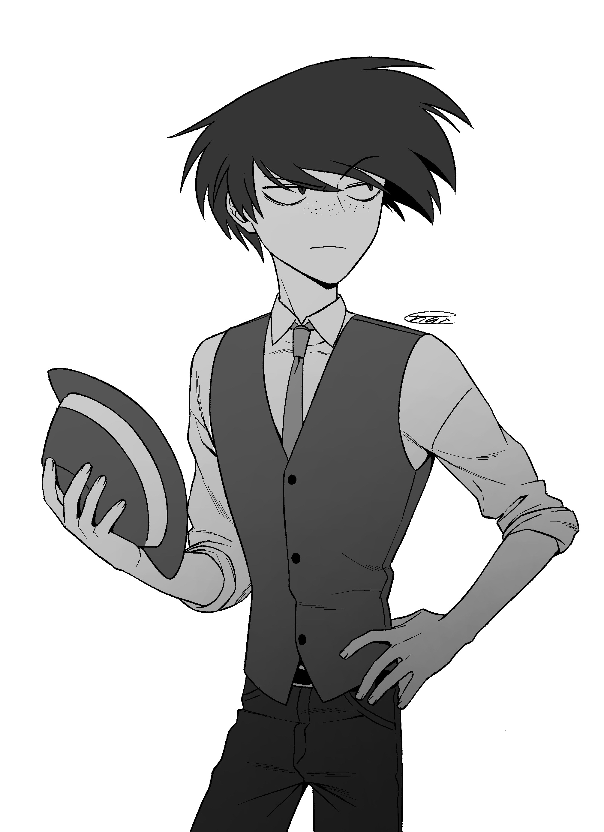 menma (enaic31), arackniss, hazbin hotel, hellaverse, absurdres, commentary request, highres, 1boy, bags under eyes, buttons, closed mouth, collared shirt, fedora, fingernails, freckles, frown, hair between eyes, hand on own hip, hand up, hat, holding, holding unworn clothes, holding unworn hat, humanization, jitome, looking to the side, male focus, necktie, pants, shirt, short hair, signature, simple background, solo, standing, swept bangs, three-quarter sleeves, unworn hat, unworn headwear, upturned eyes, vest, white background