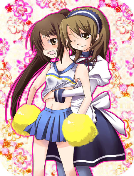 koizumi itsuki, koizumi itsuki (female), kyon, kyonko, suzumiya haruhi no yuuutsu, 00s, 2girls, ;), blush, brown eyes, cheerleader, clenched teeth, genderswap, genderswap (mtf), hairband, holding, hug, hug from behind, long hair, multiple girls, one eye closed, pantyhose, pleated skirt, pom pom (cheerleading), ponytail, shirt, short hair, skirt, smile, standing, teeth, very long hair, white shirt, yuri