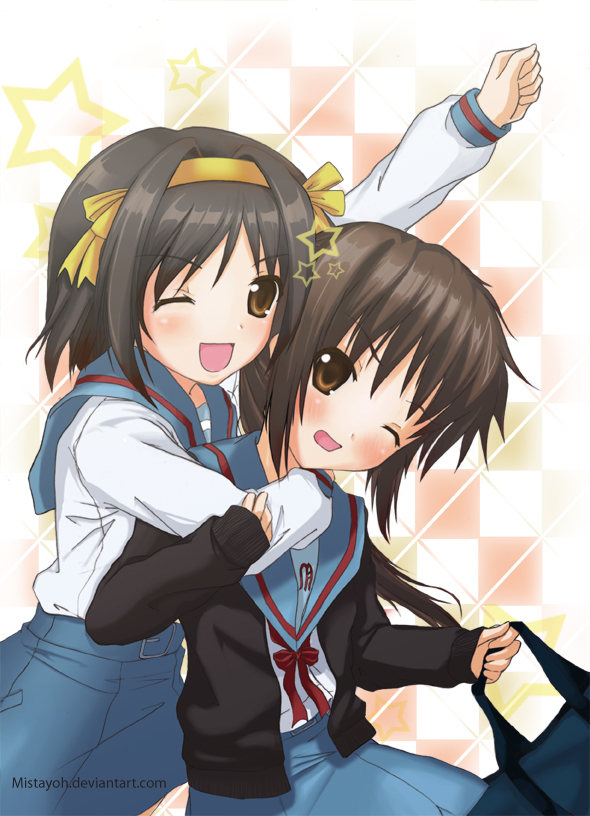 kyon, kyonko, suzumiya haruhi, suzumiya haruhi no yuuutsu, gender request, 00s, 2girls, blush, brown eyes, brown hair, cardigan, crossover, genderswap, hairband, headband, multiple girls, ponytail, school uniform, serafuku