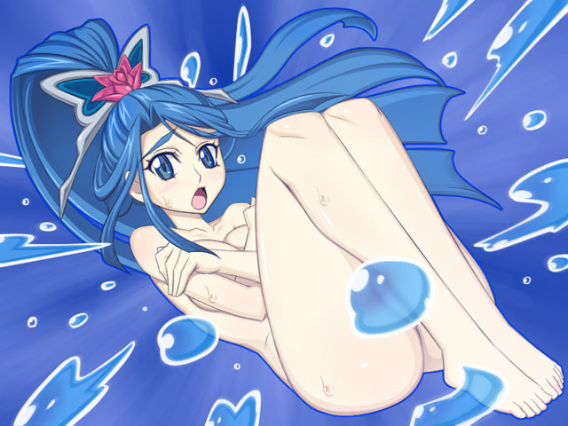 caryo, nanashino, cure aqua, minazuki karen, precure, yes! precure 5, 00s, 1girl, :o, barefoot, blue background, blue eyes, blue hair, blue theme, butterfly hair ornament, completely nude, convenient censoring, covering privates, feet, female focus, full body, hair ornament, long hair, long legs, looking at viewer, magical girl, matching hair/eyes, nude, nude cover, ponytail, solo, surprised, water, wide ponytail