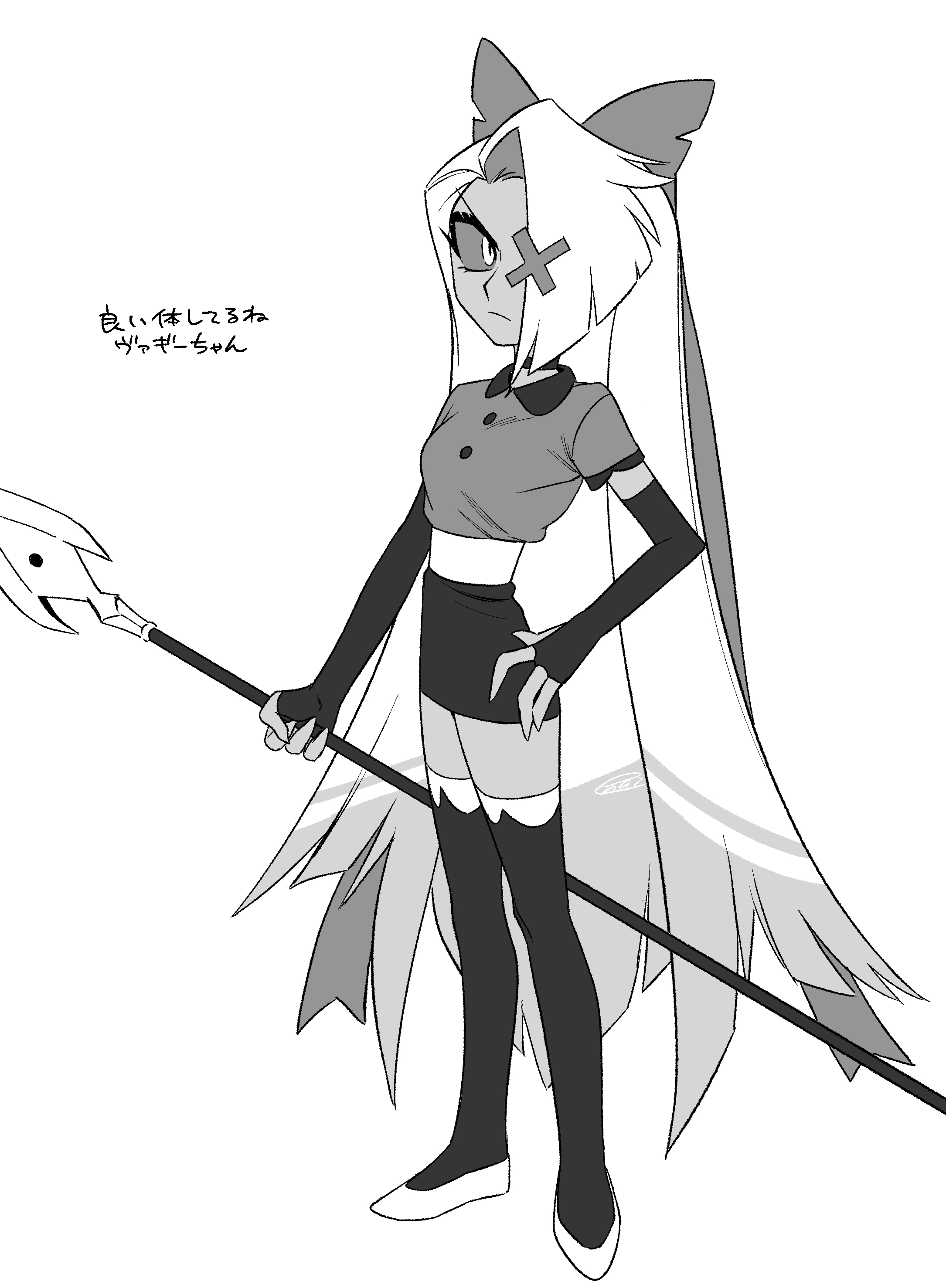 menma (enaic31), vaggie, hazbin hotel, hellaverse, absurdres, commentary request, highres, translation request, 1girl, arrow (projectile), black thighhighs, bow, breasts, buttons, closed mouth, collared shirt, colored sclera, colored tips, curtained hair, elbow gloves, fewer digits, fingerless gloves, from above, frown, gloves, greyscale, hair bow, hair over one eye, hand on own hip, legs together, long hair, looking at viewer, miniskirt, monochrome, multicolored hair, one eye covered, pencil skirt, shirt, shirt tucked in, shoes, short sleeves, signature, simple background, skinny, skirt, small breasts, solo, standing, thighhighs, two-tone hair, v-shaped eyebrows, very long hair, white background, zettai ryouiki