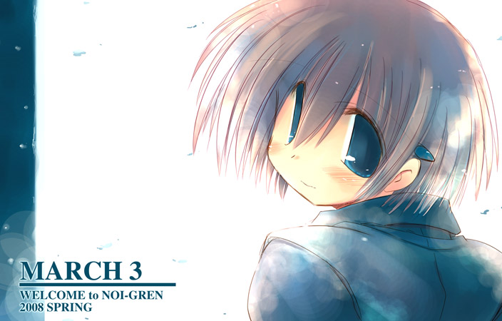sakaki (noi-gren), original, 00s, 1girl, 2008, androgynous, blue eyes, brown hair, coat, english text, female focus, hair ornament, hairclip, looking back, short hair, solo, upper body