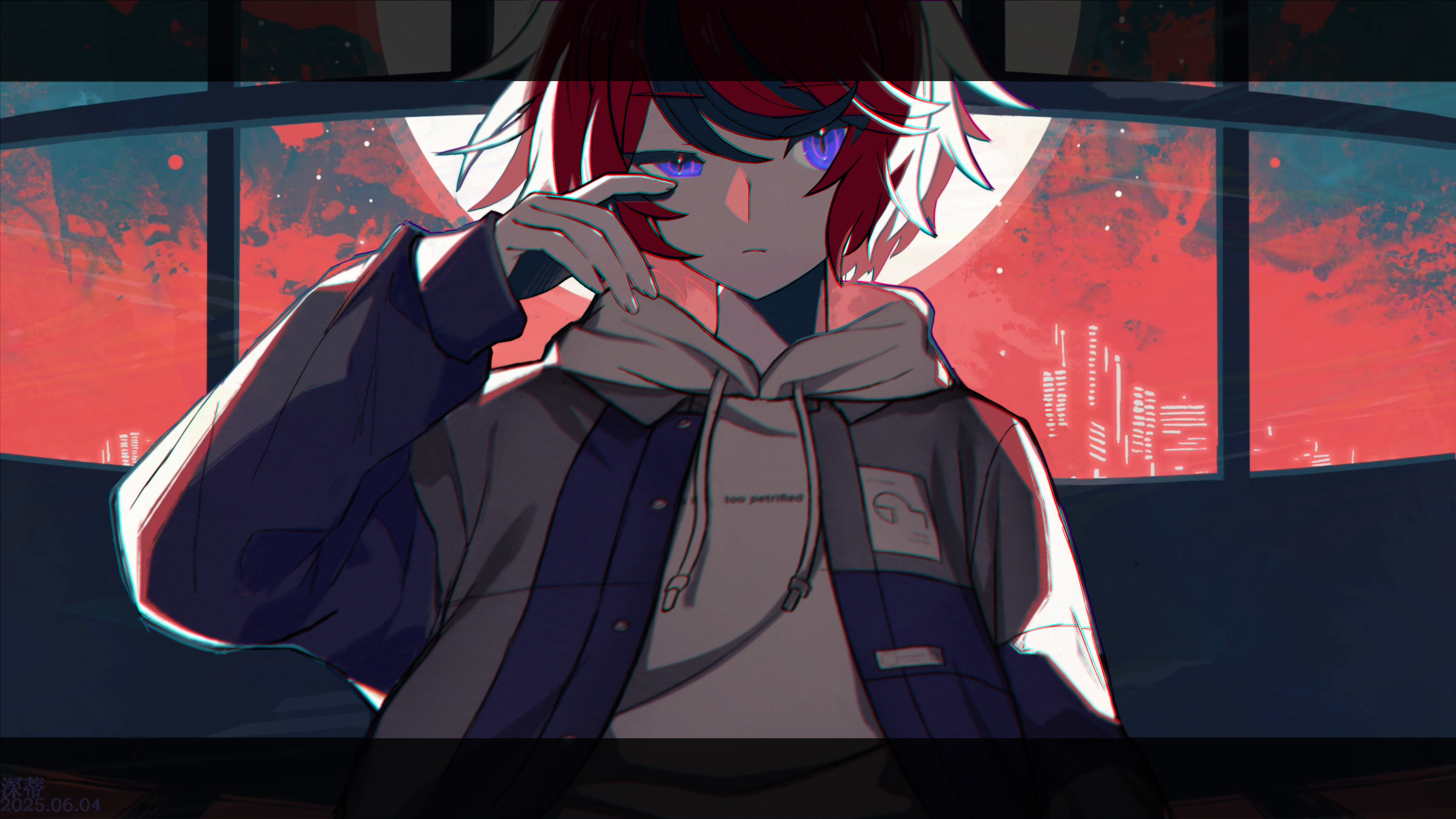 shendi 2021, sumino takumi, the hundred line -last defense academy-, absurdres, commentary, highres, 1boy, black hair, blue eyes, blue jacket, chromatic aberration, closed mouth, drawstring, expressionless, film grain, grey jacket, hand up, hood, hood down, hoodie, jacket, jacket over hoodie, light frown, long sleeves, looking at viewer, male focus, multicolored hair, multicolored jacket, open clothes, open jacket, red hair, short hair, solo, streaked hair, two-tone hair, two-tone jacket, uneven eyes, upper body, white hoodie, window