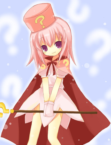 yuzuki (yuduame), hatena yousei, benesse, 1girl, ?, cape, female focus, gloves, hat, pink hair, pink hat, solo, staff