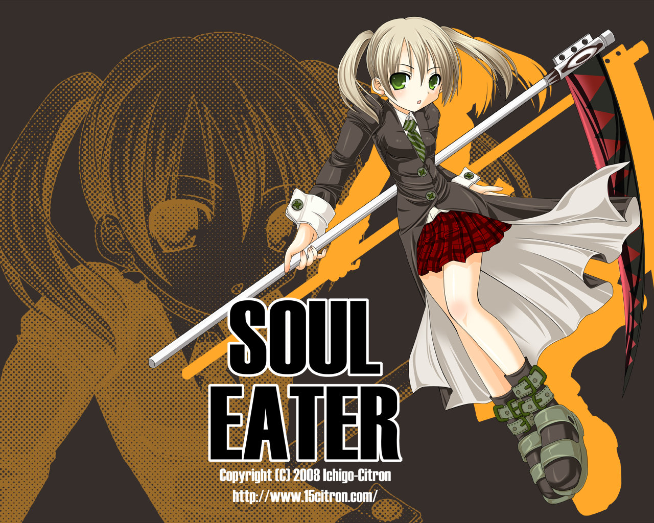 15citron, maka albarn, soul eater, 00s, green eyes, plaid clothes, plaid skirt, school uniform, scythe, serafuku, skirt, solo, twintails
