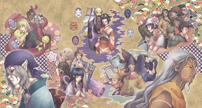 watase, ichikawa setsuko, kusuriuri (mononoke), kusuriuri (shingi) (mononoke), noppera-bou (mononoke), ochou, oyou, shino (mononoke), mononoke, 00s, 6+boys, 6+girls, :d, ^ ^, androgynous, animal, bandana, blonde hair, blue eyes, bodypaint, bow, bucket, cat, child, closed eyes, dark skin, demon form, doll, dual persona, durag, everyone, evil smile, expressionless, facepaint, facial mark, fox mask, hair tie, hug, japanese clothes, kimono, lips, lipstick, long hair, long sleeves, makeup, mask, multiple boys, multiple girls, noh mask, obi, oil-paper umbrella, old, old man, old woman, open mouth, parasol, pointy ears, profile, red eyes, sash, smile, traditional youkai, umbrella, white hair, wide sleeves, yin yang