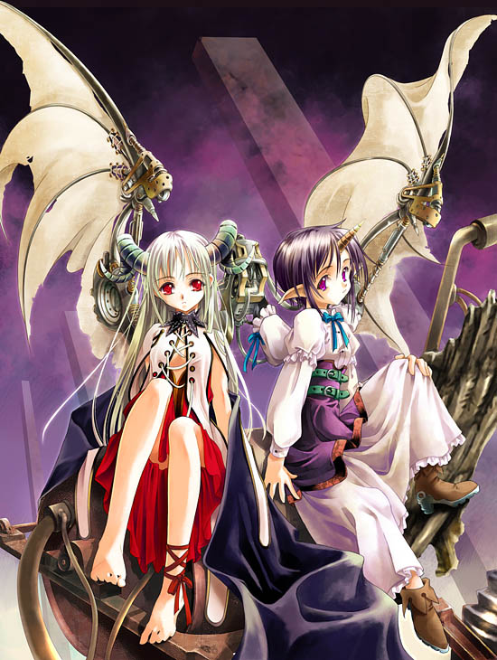 sumi keiichi, mechanical, silver hair, duplicate, 2girls, ankle ribbon, barefoot, blonde hair, curved horns, demon girl, dress, expressionless, feet, frilled dress, frills, horns, leg ribbon, long hair, looking at viewer, machine, mechanical wings, multiple girls, pointy ears, purple eyes, purple hair, red eyes, ribbon, short hair, single horn, sitting, wings