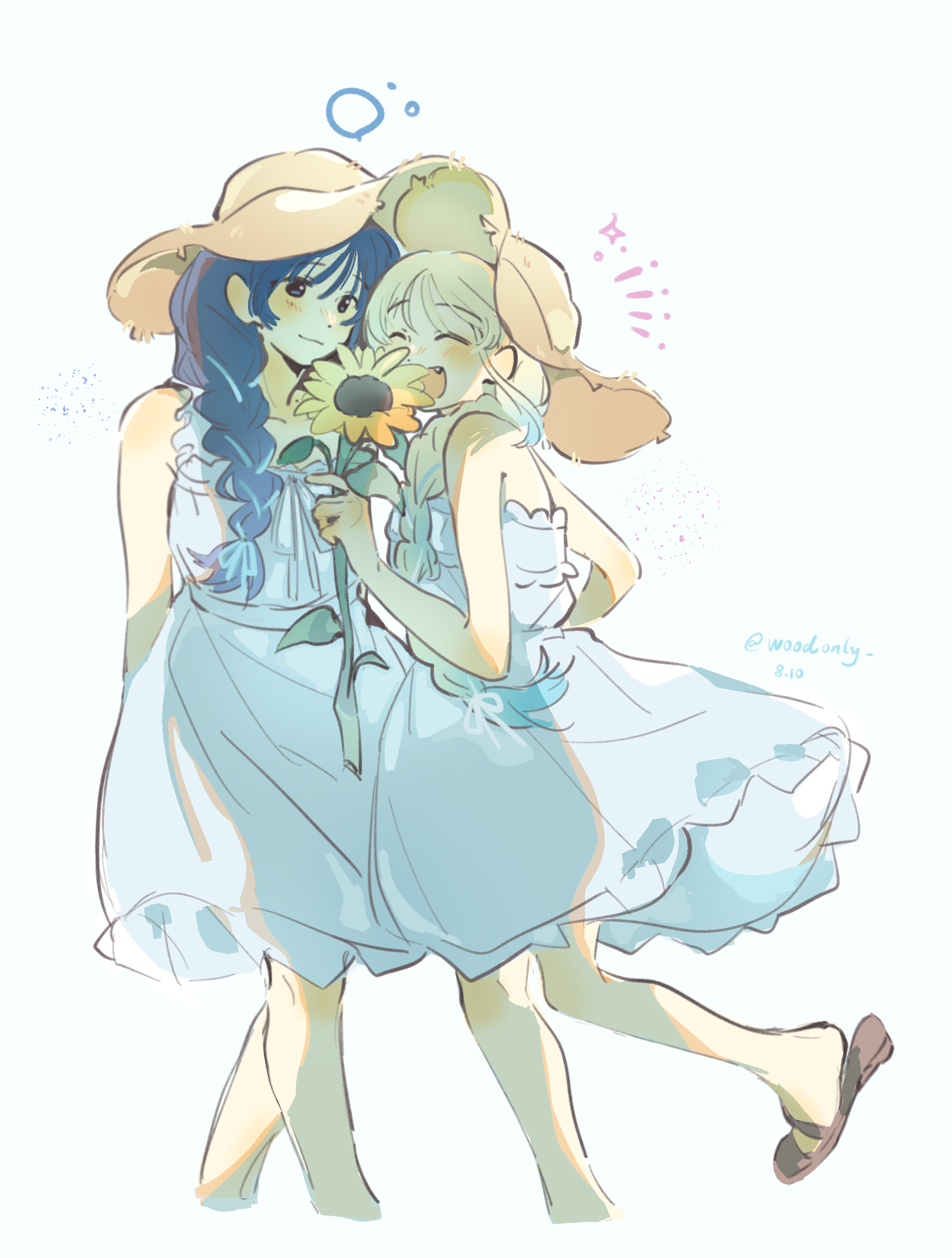 woodonly, murano sayaka, osawa rurino, link! like! love live!, love live!, commentary, highres, symbol-only commentary, 2girls, :d, ^ ^, artist name, bare shoulders, blonde hair, blue hair, blue ribbon, blush, braid, brown hat, brown sandals, closed eyes, cropped legs, dated, dress, fang, flower, frilled dress, frills, gradient hair, hair ribbon, hat, holding, holding flower, leg up, low twin braids, medium dress, multicolored hair, multiple girls, official alternate costume, official alternate hairstyle, open mouth, ribbon, ribbon braid, sandals, see-through silhouette, sidelocks, simple background, single braid, sleeveless, sleeveless dress, smile, standing, standing on one leg, straw hat, sun hat, sundress, sunflower, twin braids, virtual youtuber, white background, white dress, yellow flower