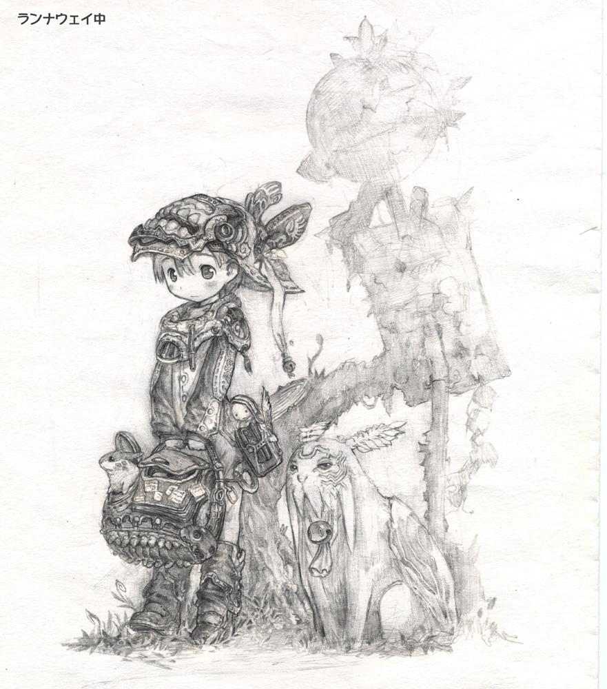 tsukushi akihito, looking away, gender request, graphite (medium), traditional media, androgynous, animal, armor, bag, bell, blush, boots, creature, grass, helmet, holding, jingle bell, monochrome, outdoors, overgrown, road sign, sculpture, short hair, sign, simple background, sketch, solo, standing, tree, v arms