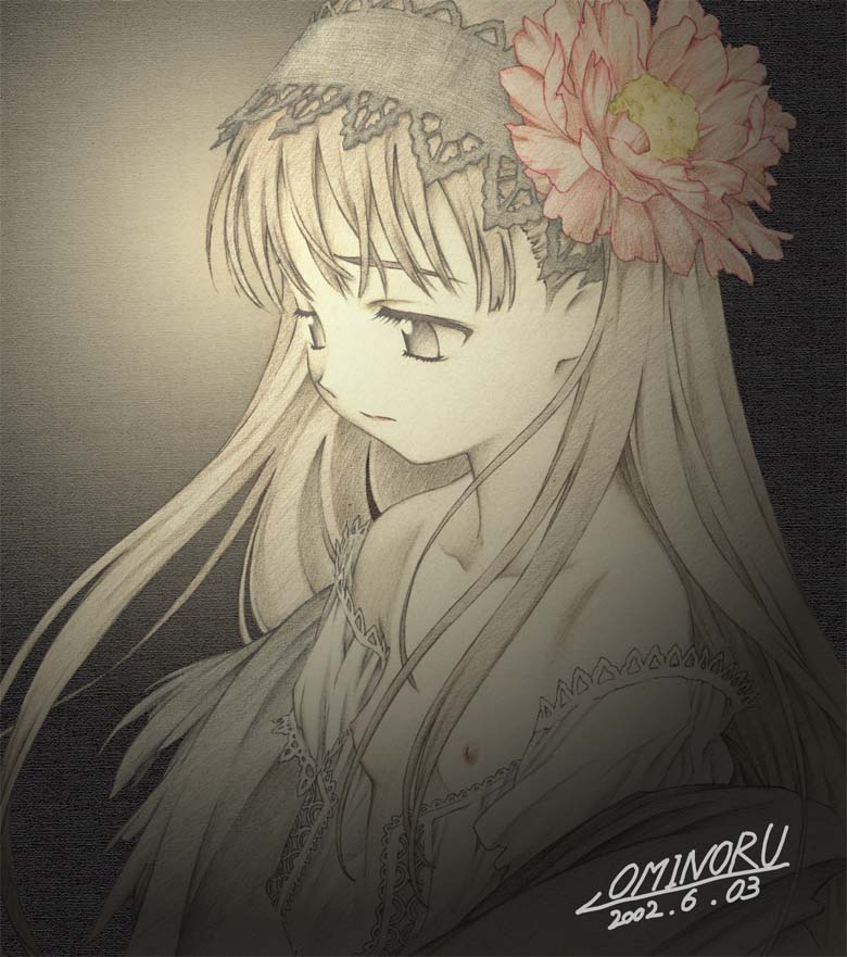 artist request, 1girl, female focus, flat chest, flower, gothic lolita, hairband, lolita fashion, long hair, muted color, nipples, open clothes, open shirt, shirt, signature, solo