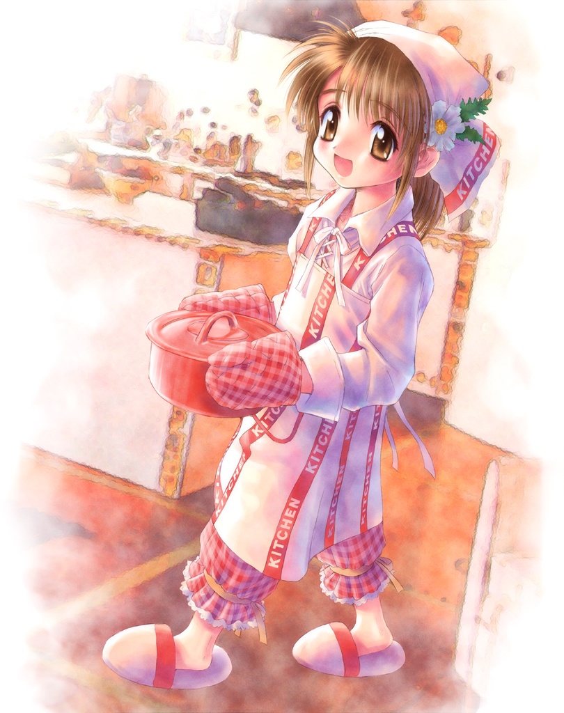 goto p, pot, tagme, 1girl, cooking, female focus, mittens, solo