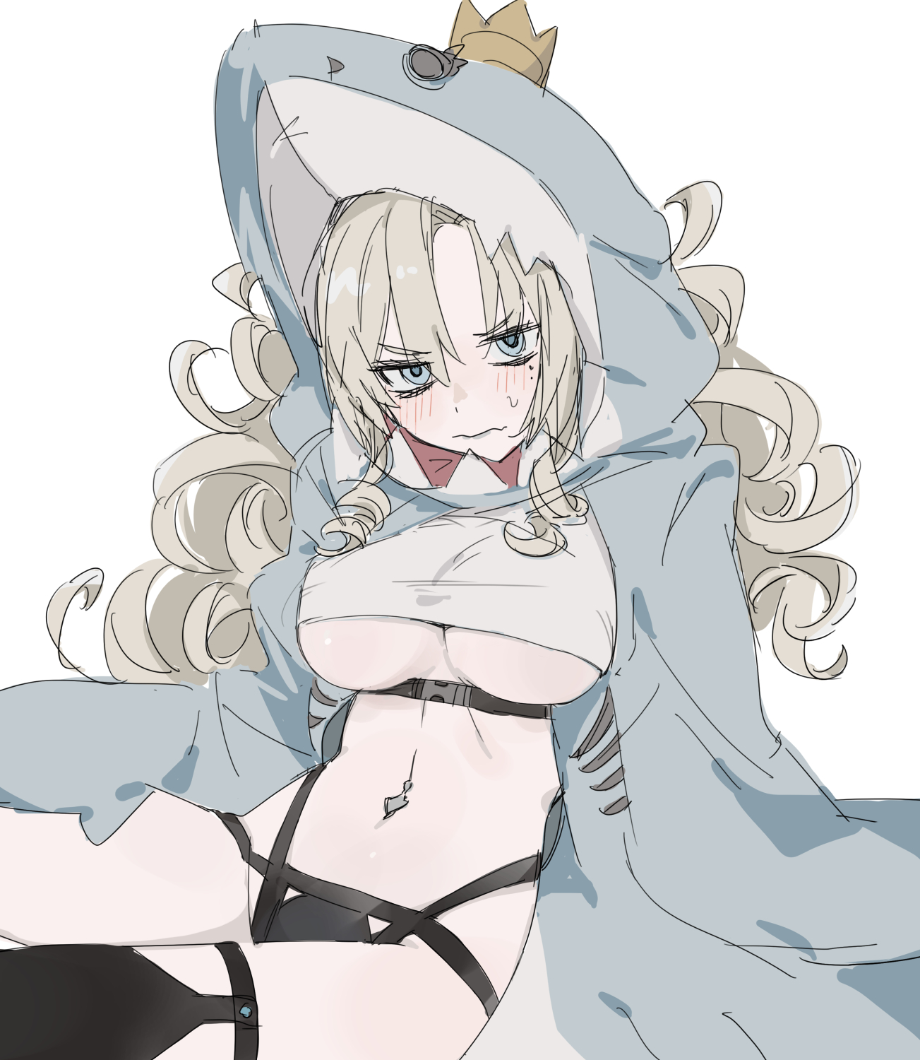 kaigan0211, kriemhild (fate), fate/grand order, fate (series), highres, 1girl, animal costume, bikini, black bikini, blue eyes, blush, breasts, crown, grey hair, kriemhild (swimsuit rider) (fate), kriemhild (swimsuit rider) (second ascension) (fate), large breasts, long hair, mole, mole under eye, navel piercing, piercing, shark costume, swimsuit, underboob, wavy mouth, white background