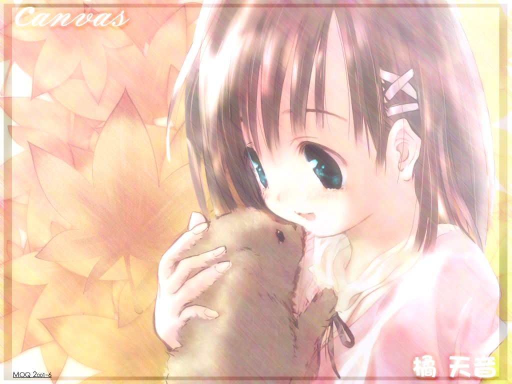 tachibana amane, canvas, canvas (cocktail soft), canvas sepia iro no motif, 00s, 1girl, baby animal, brown hair, dog, female focus, green eyes, puppy, solo
