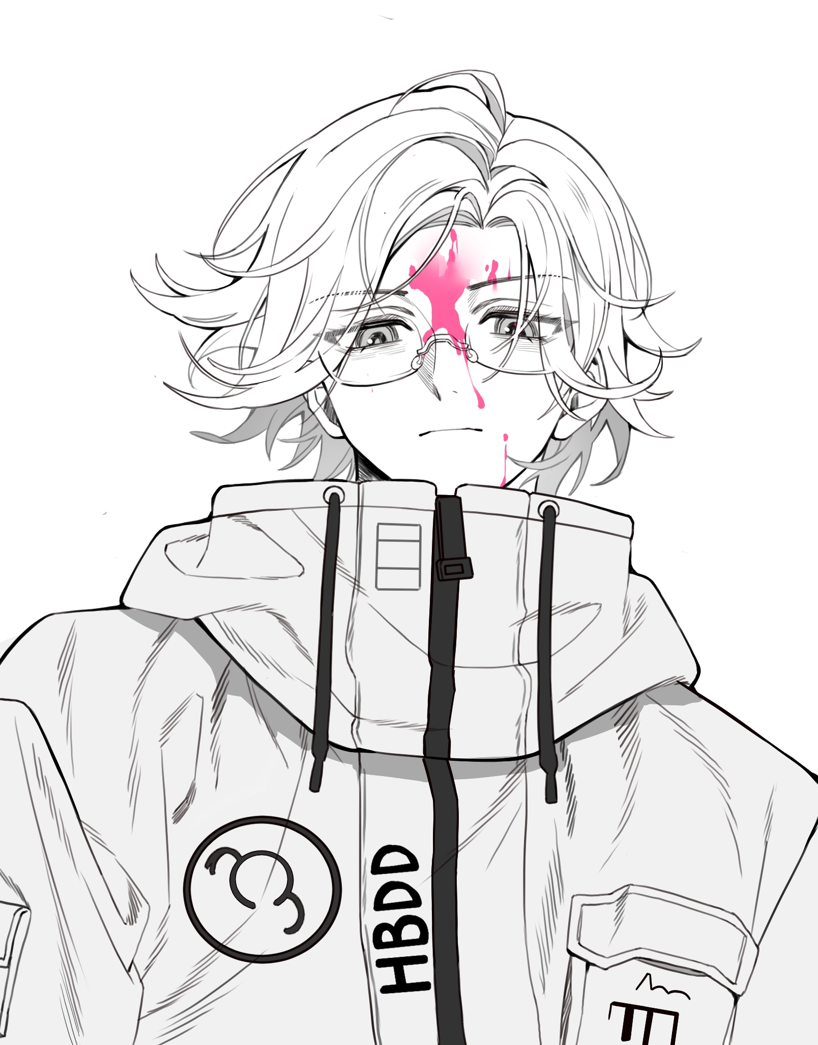 aotsuki eito, the hundred line -last defense academy-, highres, 1boy, blood, blood on face, closed mouth, drawstring, eyes visible through hair, frown, glasses, greyscale, high collar, jacket, looking at viewer, male focus, monochrome, panbaobao, pink blood, pocket, short hair, simple background, solo, spot color, upper body, white background, zipper pull tab