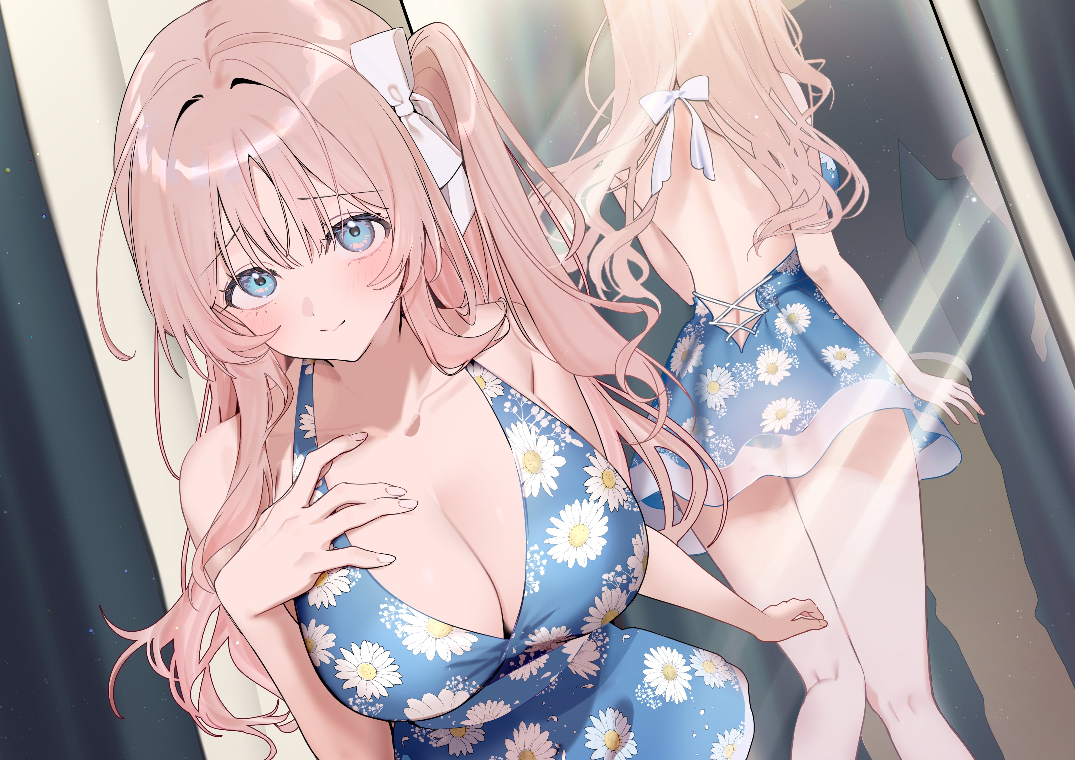 yukimiya yuge, original, absurdres, commentary request, highres, second-party source, 1girl, back, blue dress, blue eyes, blush, breasts, brown hair, cleavage, dress, floral print, hair ribbon, large breasts, long hair, looking at viewer, mirror, print dress, reflection, ribbon, sidelocks, smile, solo, standing, sunflower print, very long hair