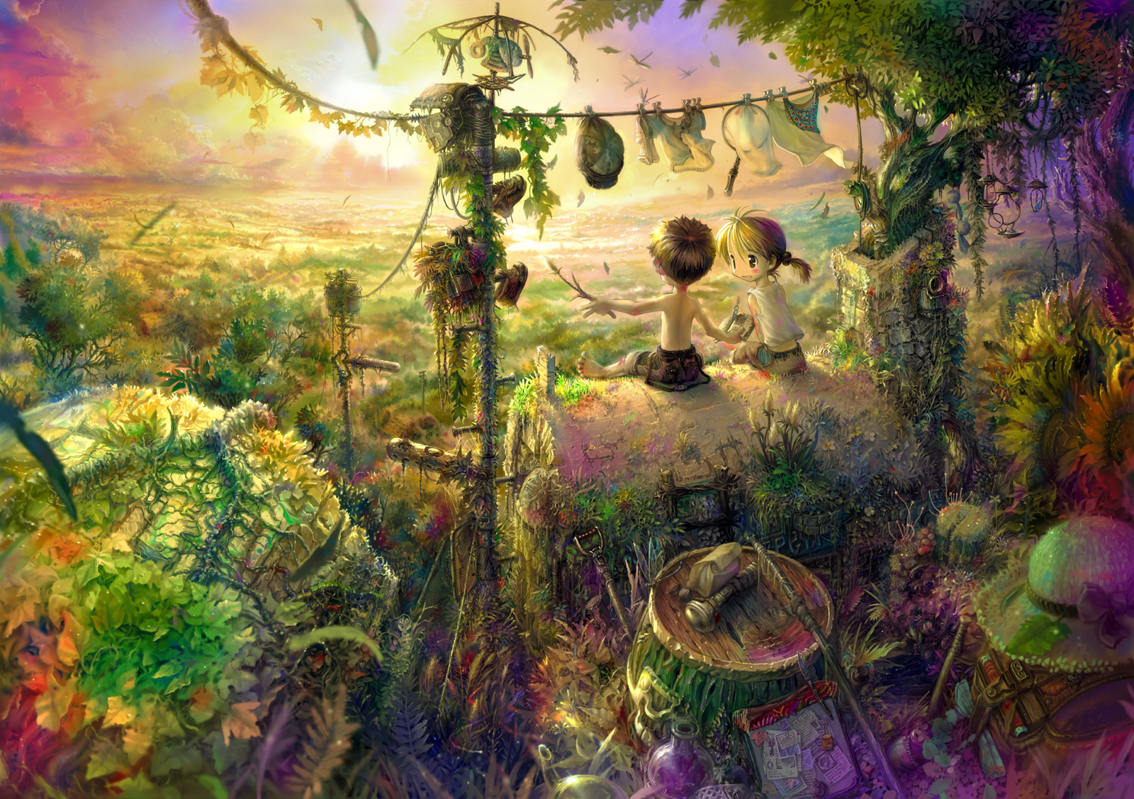 highres, adventure, armor, child, clothesline, fantasy, helmet, plant, scenery