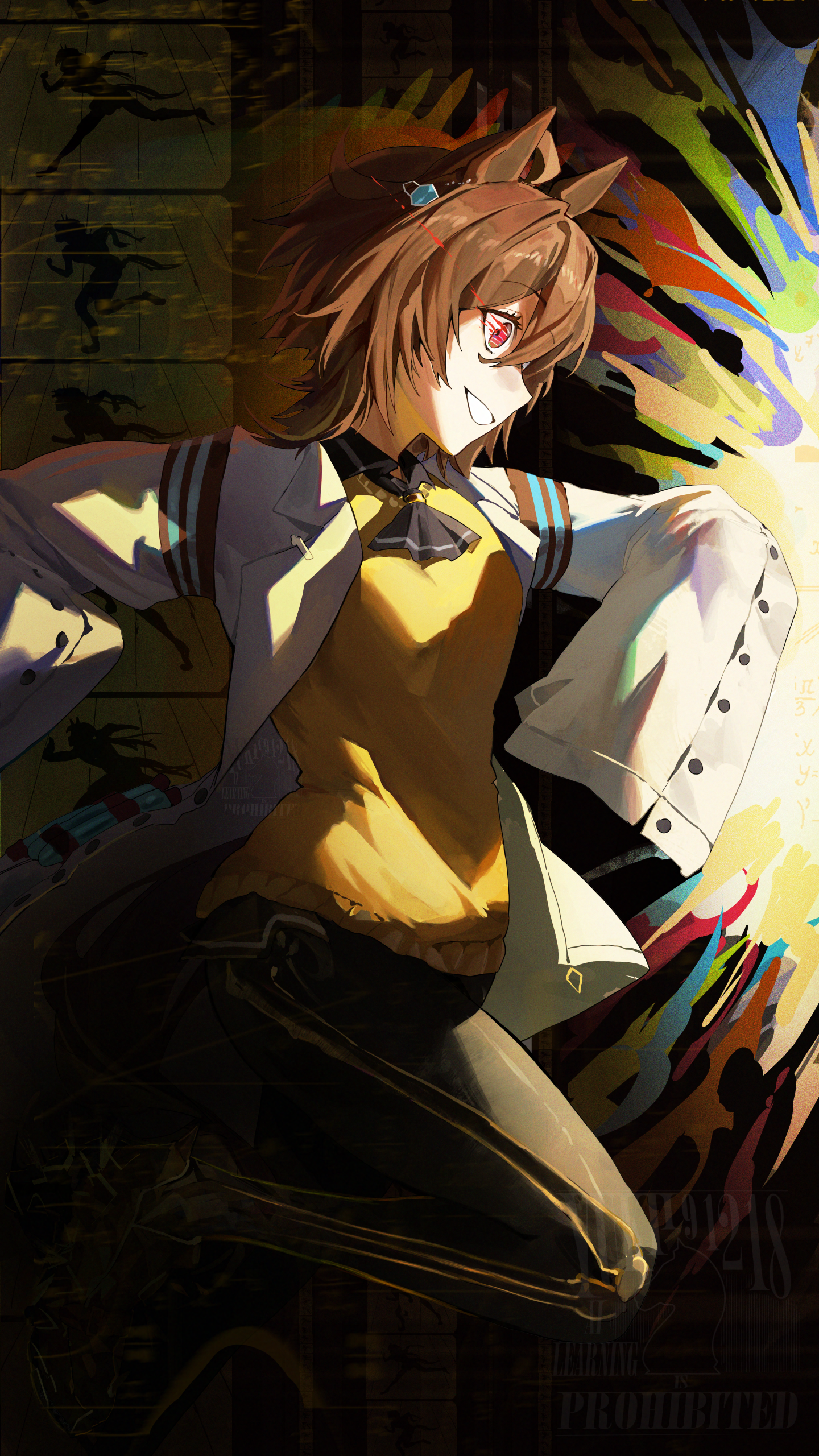 yukii91218, agnes tachyon (umamusume), umamusume, absurdres, highres, 1girl, animal ears, ascot, black ascot, black pants, brown hair, coat, eye trail, horse ears, horse girl, lab coat, light trail, medium hair, pants, red eyes, sleeves past fingers, sleeves past wrists, solo, sweater, white coat, yellow sweater