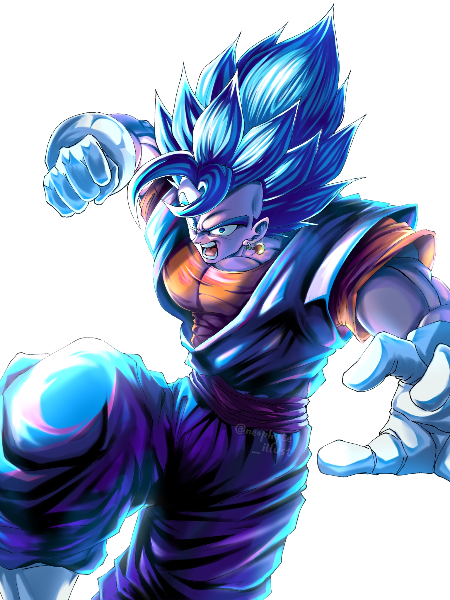 neophyte illust, vegetto, dragon ball, dragon ball super, highres, 1boy, blue eyes, blue hair, blue pants, blue sash, blue shirt, boots, clenched hand, cowboy shot, dougi, gloves, medium hair, orange shirt, pants, sash, shirt, simple background, solo, spiked hair, white background, white boots, white gloves