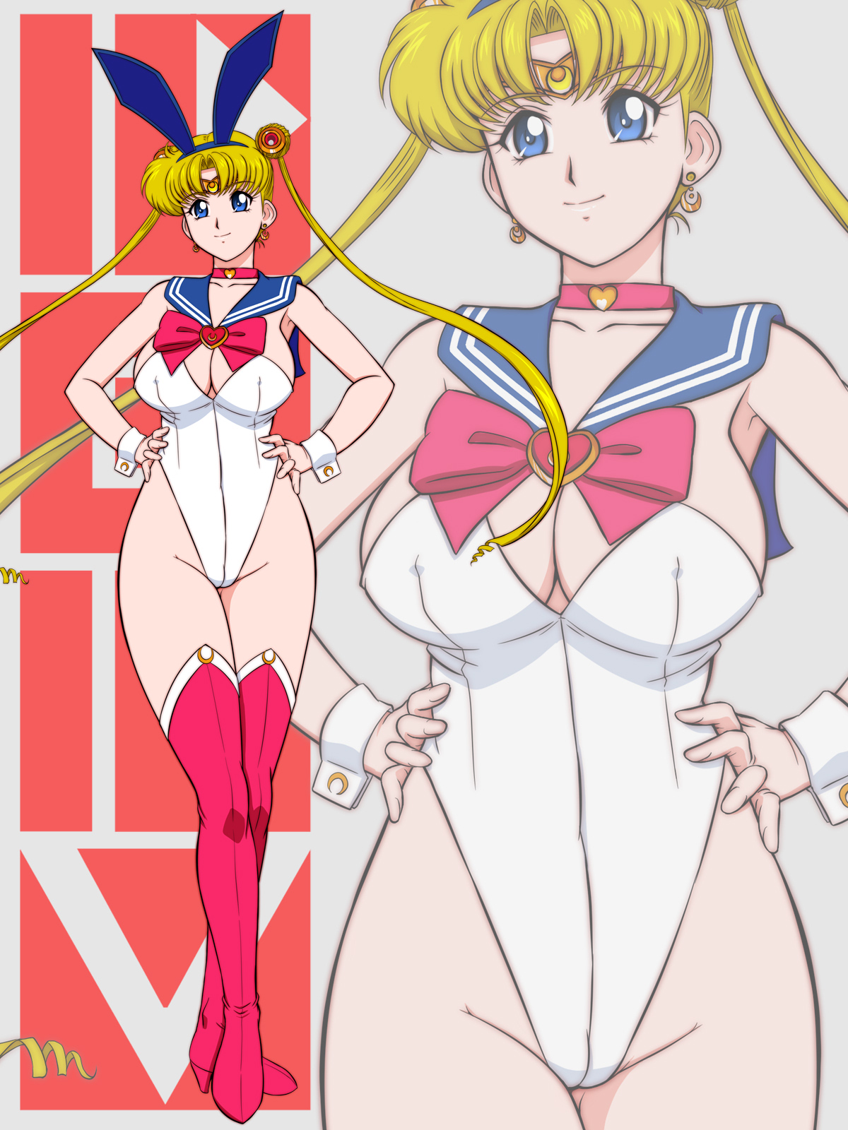lento (glamour works), sailor moon, tsukino usagi, bishoujo senshi sailor moon, highres, 1girl, blonde hair, blue eyes, boots, breasts, cameltoe, choker, circlet, cleavage, covered erect nipples, crescent, crescent earrings, double bun, earrings, hair bun, hair ornament, hands on own hips, heart, heart choker, high heel boots, high heels, highleg, highleg leotard, jewelry, large breasts, leotard, looking at viewer, parted bangs, playboy bunny, red boots, red choker, smile, solo, thick thighs, thigh boots, thighs, twintails, white leotard, wrist cuffs