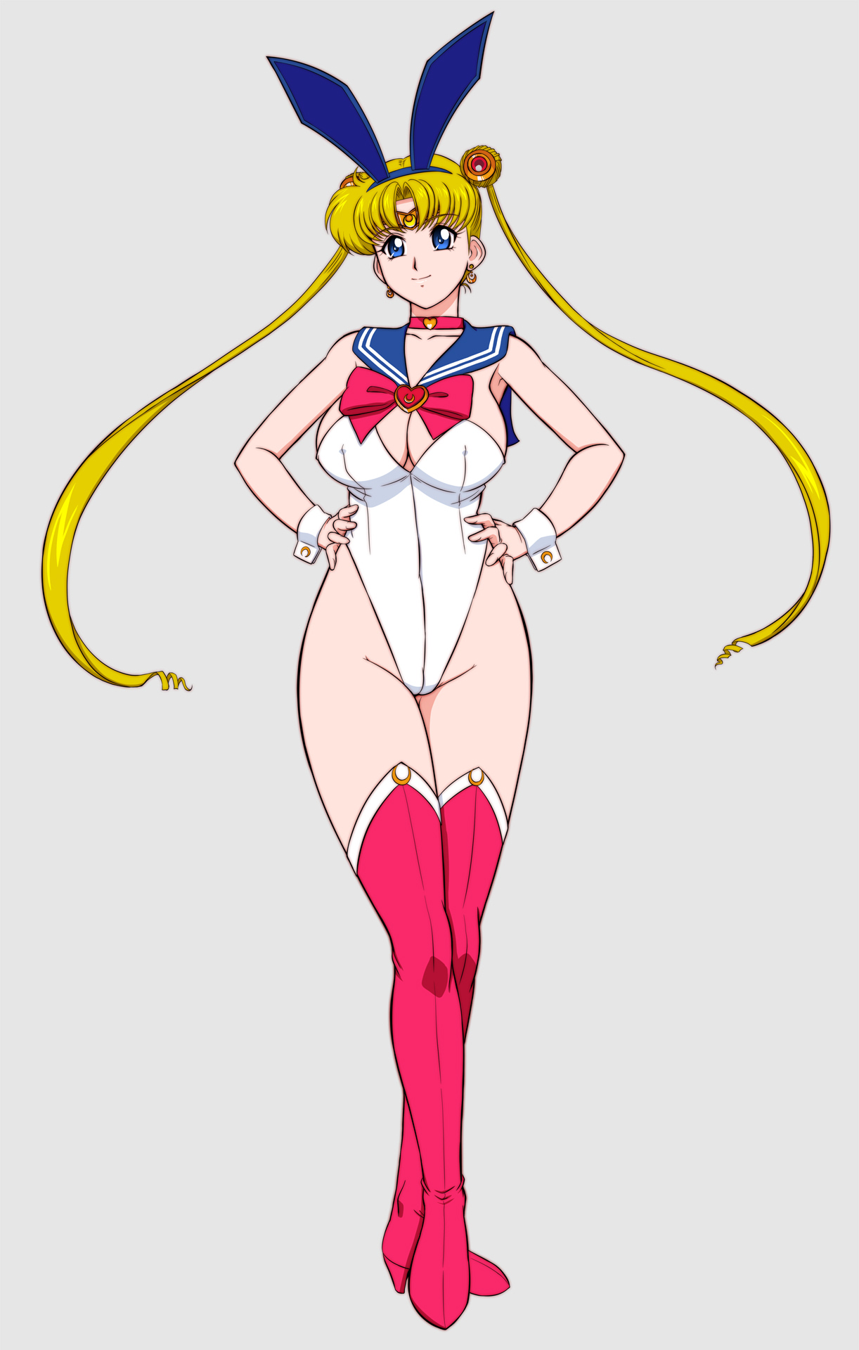 lento (glamour works), sailor moon, tsukino usagi, bishoujo senshi sailor moon, highres, 1girl, blonde hair, blue eyes, boots, breasts, cameltoe, choker, circlet, cleavage, covered erect nipples, crescent, crescent earrings, double bun, earrings, hair bun, hair ornament, hands on own hips, heart, heart choker, high heel boots, high heels, highleg, highleg leotard, jewelry, large breasts, leotard, looking at viewer, parted bangs, playboy bunny, red boots, red choker, smile, solo, thick thighs, thigh boots, thighs, twintails, white leotard, wrist cuffs