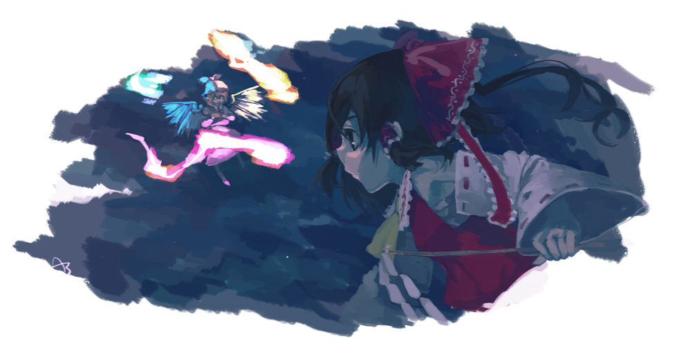 takishima asaka, hakurei reimu, mystia lorelei, touhou, 2girls, bow, detached sleeves, female focus, gohei, hair bow, hair tubes, hat, multiple girls, night, wings