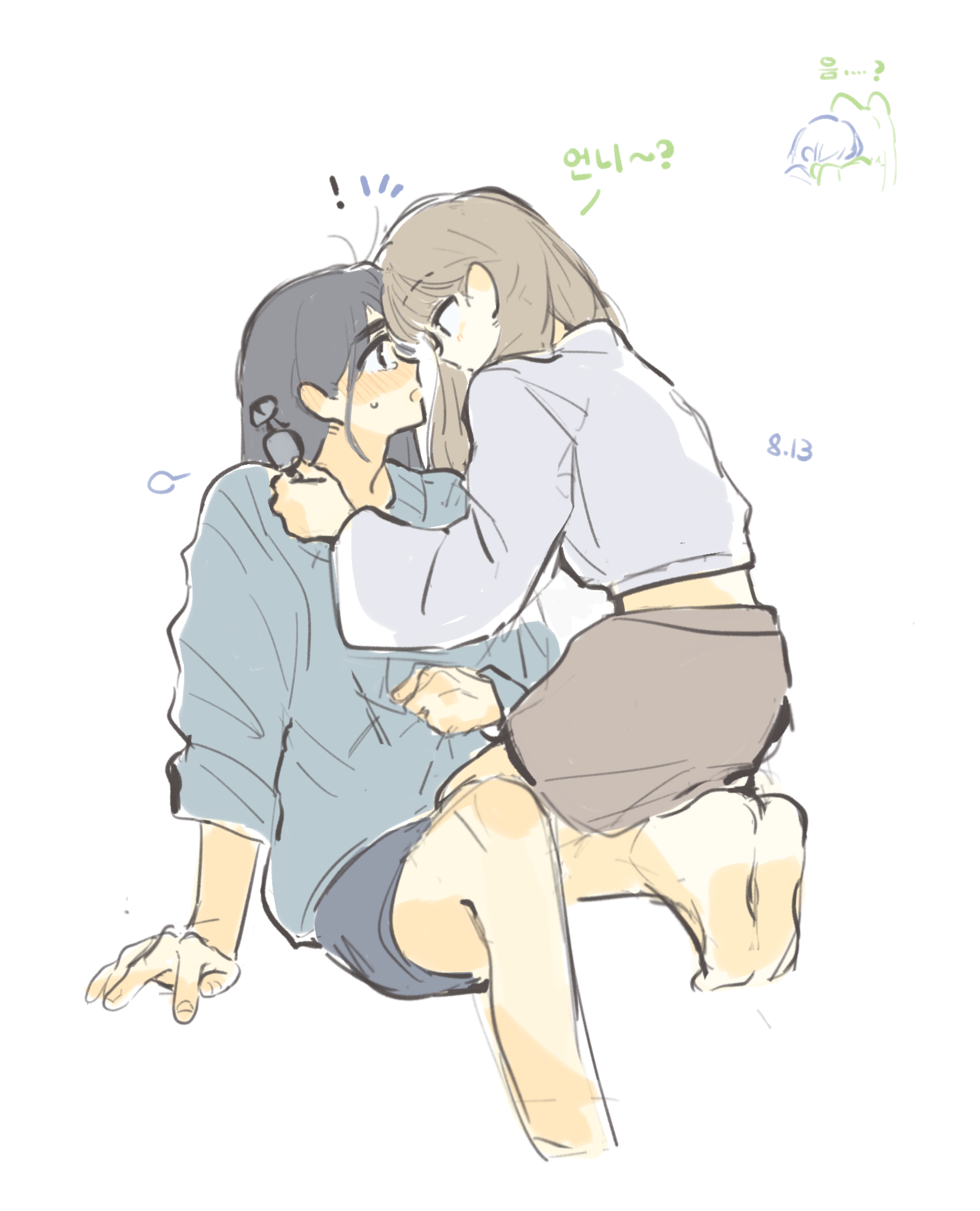 woodonly, haerin (newjeans), minji (newjeans), newjeans, real life, commentary, highres, translation request, !?, 2girls, animification, barefoot, black hair, black shorts, blue sweater, blush, brown hair, brown skirt, kneeling, korean text, long hair, midriff, miniskirt, multiple girls, nose blush, shirt, short shorts, shorts, simple background, skirt, sweater, three-quarter sleeves, white background, white shirt, yuri