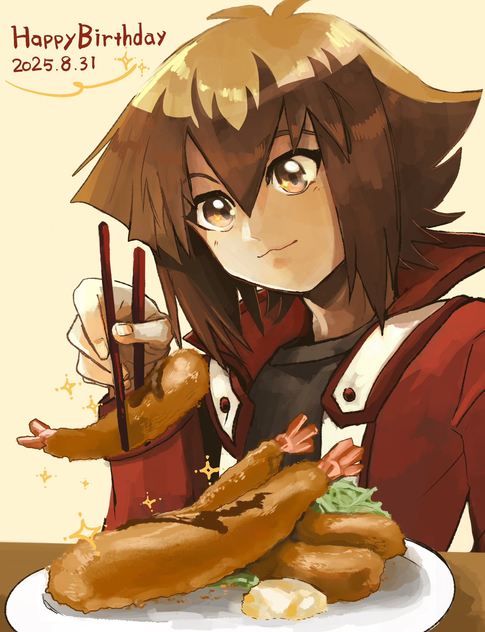 yuki judai, yu-gi-oh!, yu-gi-oh! gx, highres, black shirt, brown eyes, brown hair, chopsticks, collared jacket, duel academy uniform (yu-gi-oh! gx), eating, food, h a r o, hair between eyes, happy birthday, holding, holding chopsticks, jacket, plate, popped collar, red jacket, shirt, shrimp, shrimp tempura, sidelocks, smile, solo, table, tempura